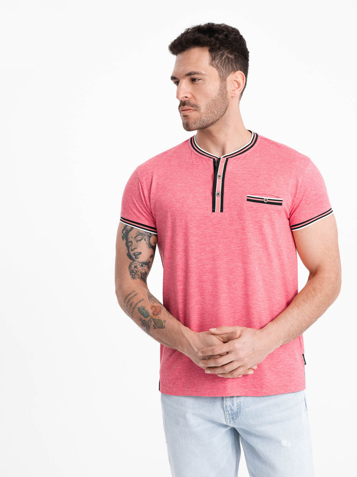 Ombre Men's Henley T-shirt With Decorative Ribbing - Red