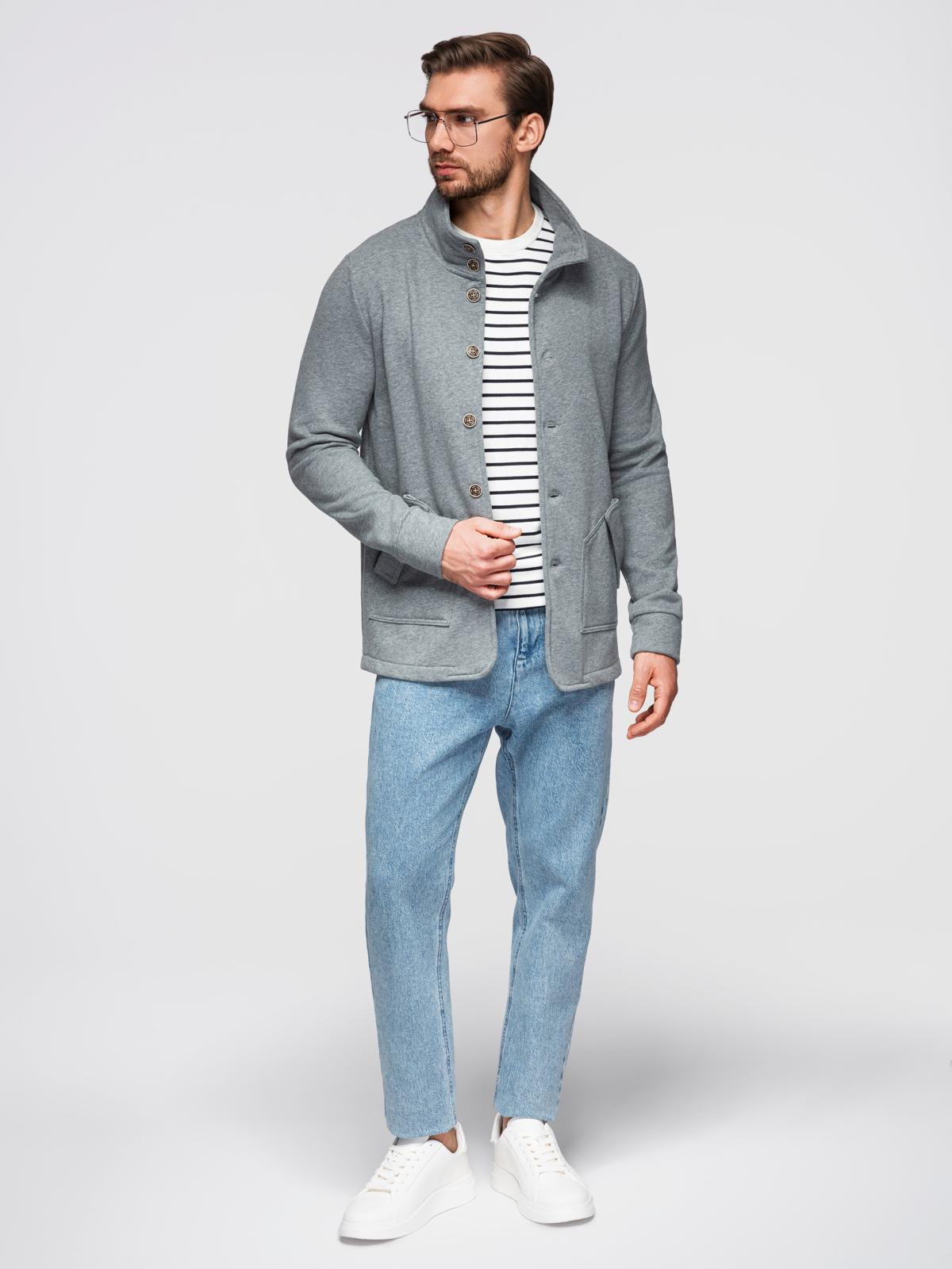 Ombre Men's button-down sweatshirt with stand-up collar - grey melange