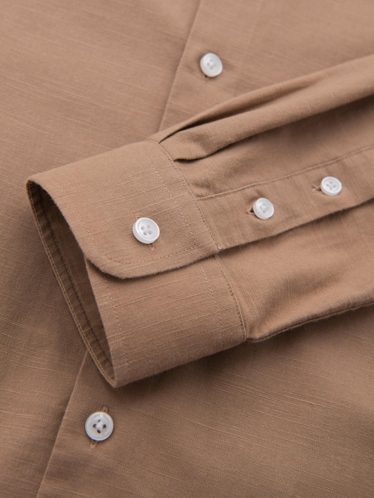 Ombre Men's linen shirt with stand-up collar and pocket REGULAR FIT - light brown