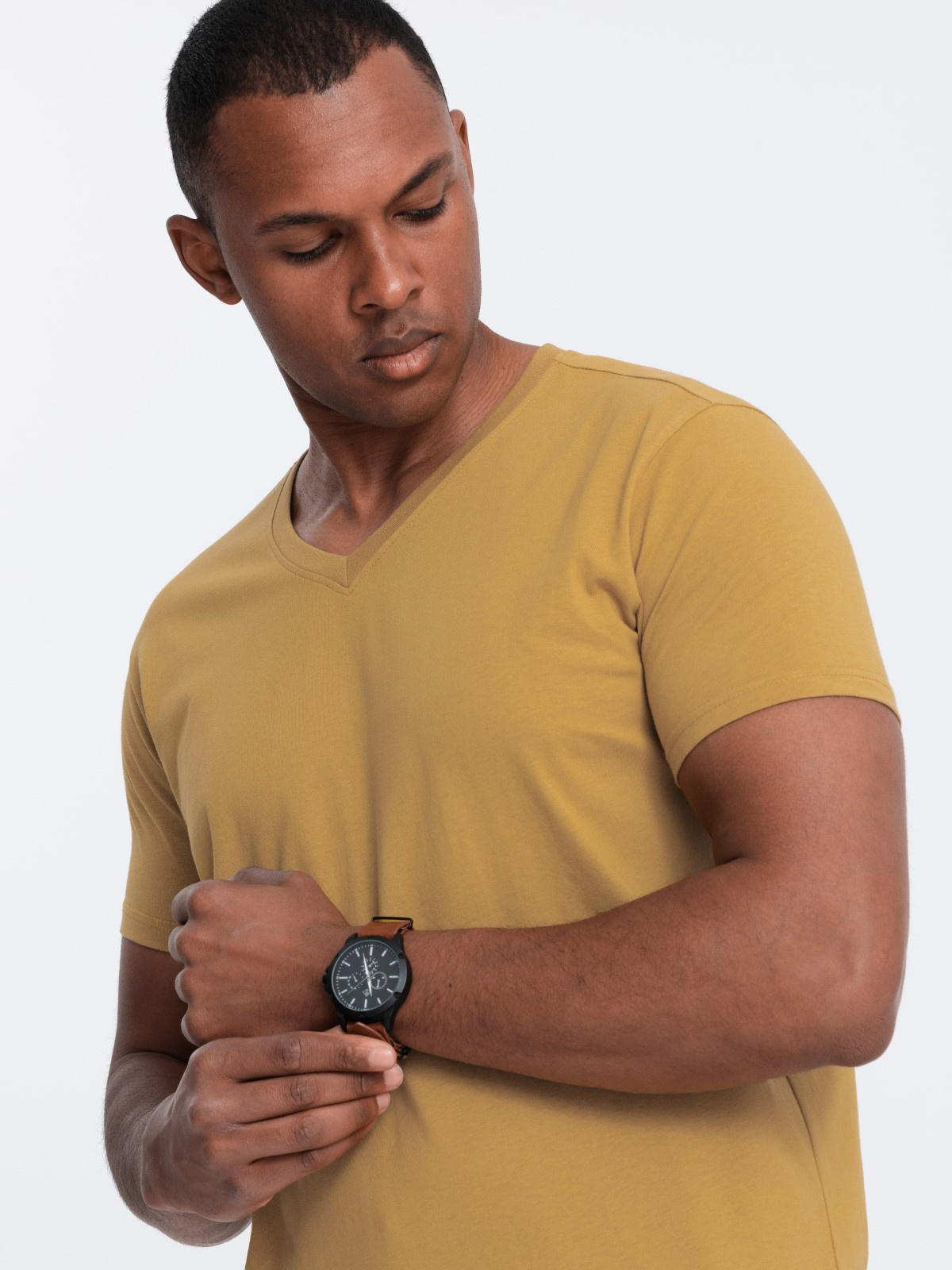 Ombre BASIC men's classic cotton T-shirt with a serape neckline - mustard