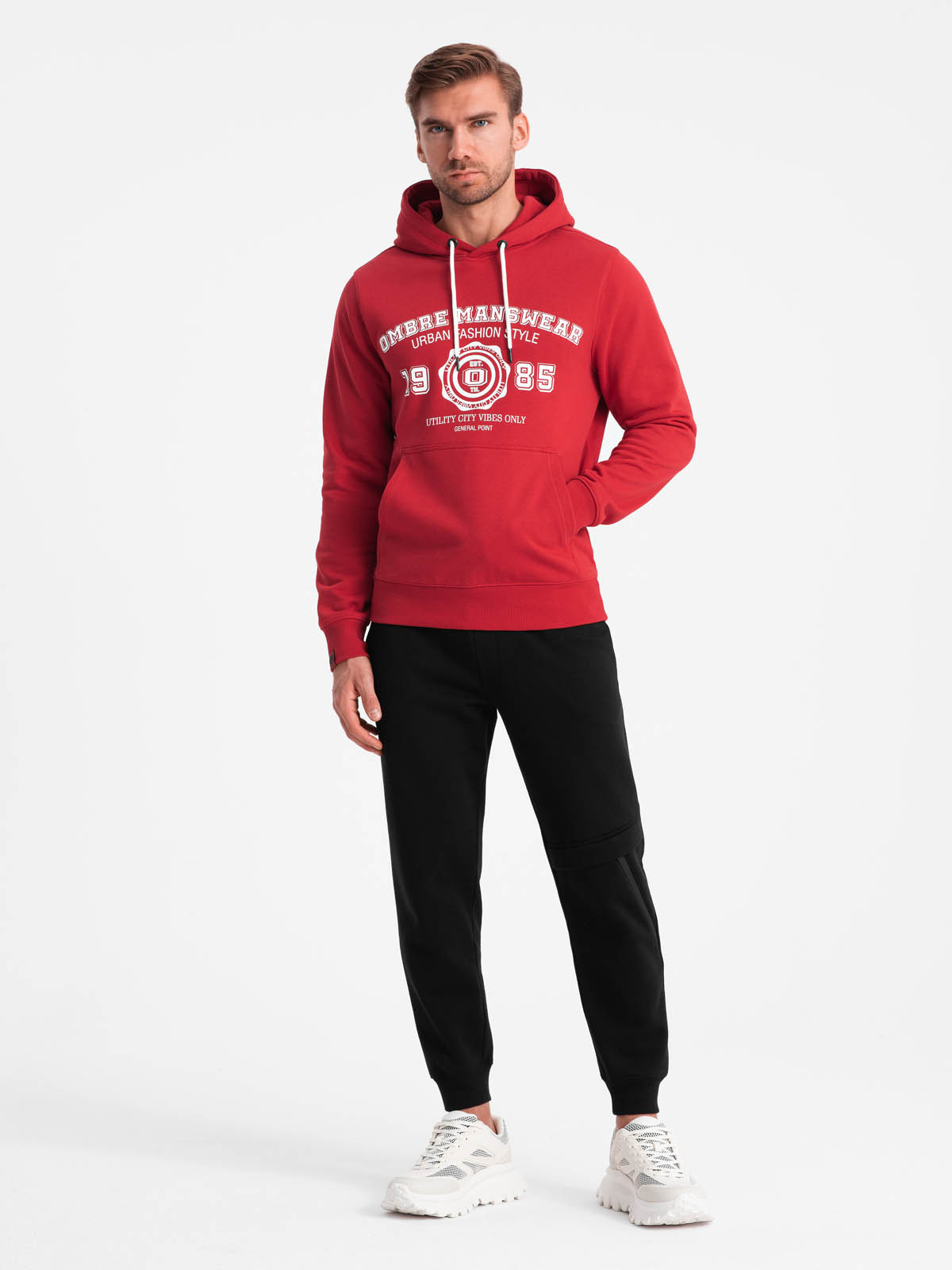 Ombre Men&#039;s college style printed kangaroo hoodie - red