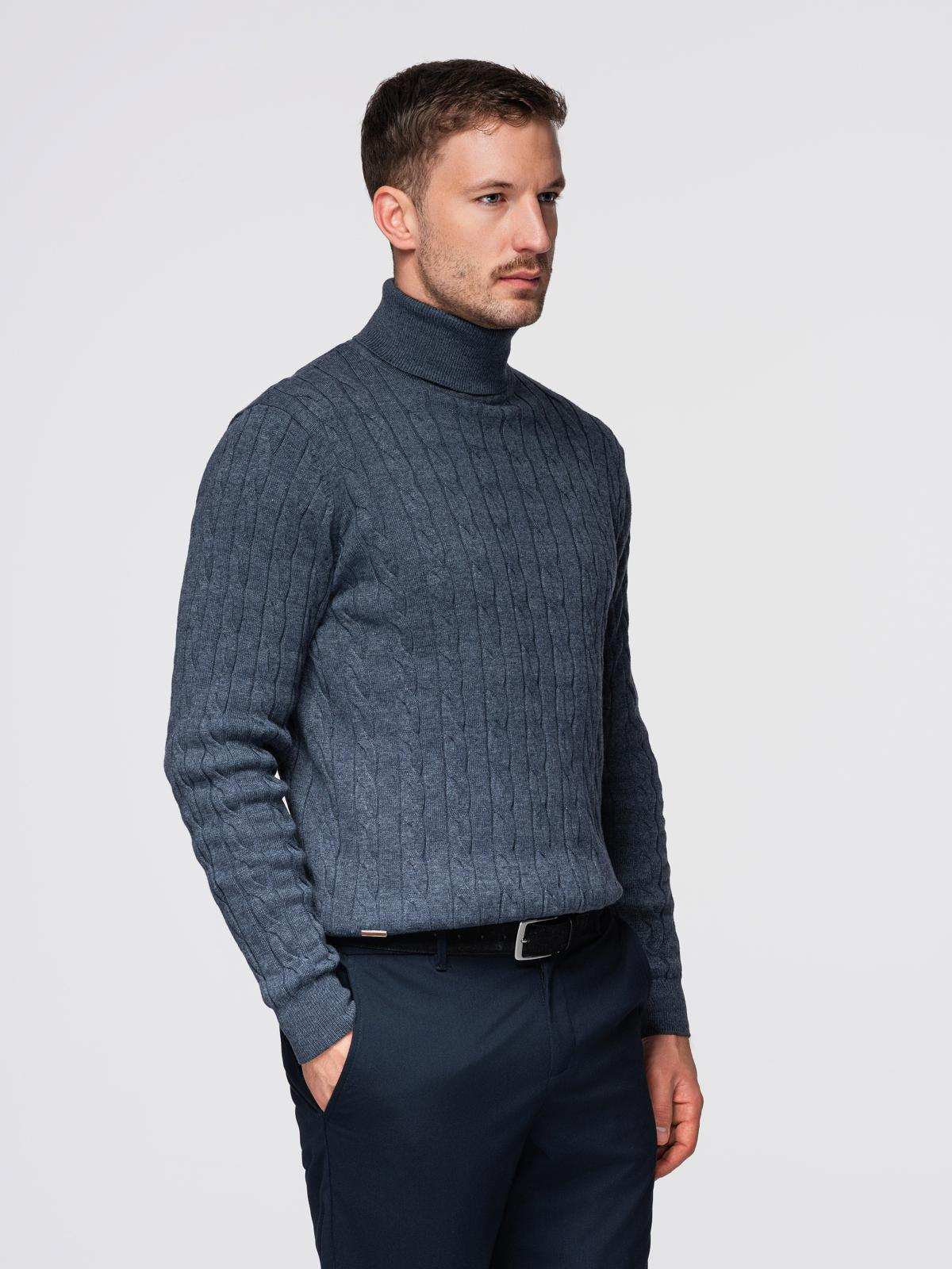 Ombre Men&#039;s turtleneck sweater with checkered weave - navy blue