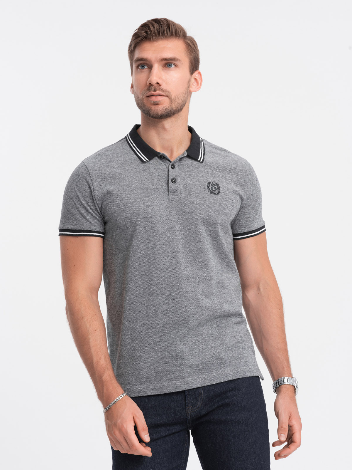 Ombre Men's Melange Polo Shirt With Striped Collar - Black Melange