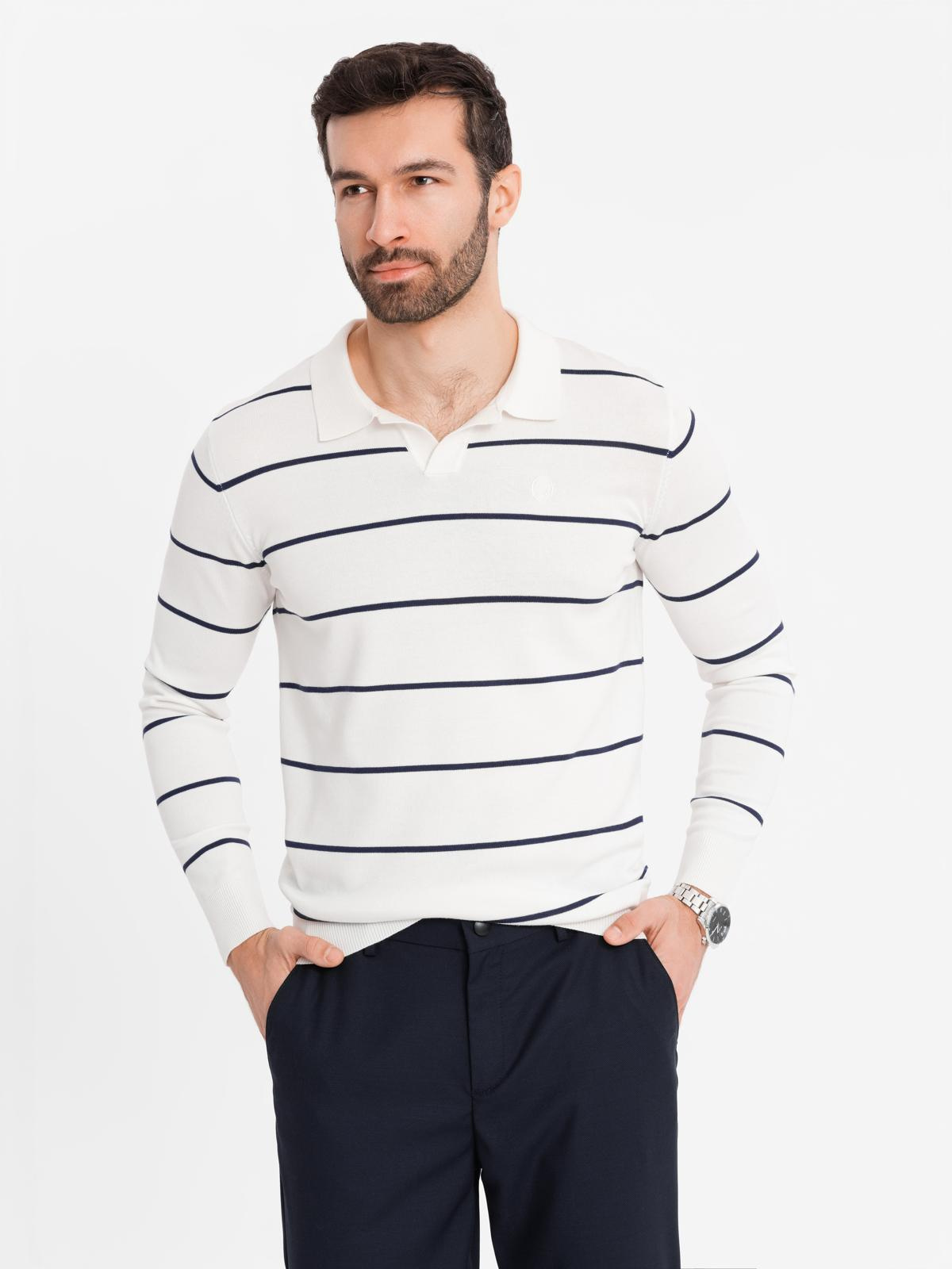 Ombre Men&#039;s horizontal striped polo longsleeve with viscose - white and navy blue