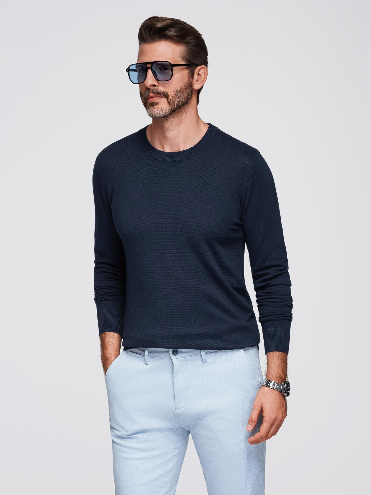 Ombre Men&#039;s sweater with round neckline in stretch knit with classic weave - navy blue