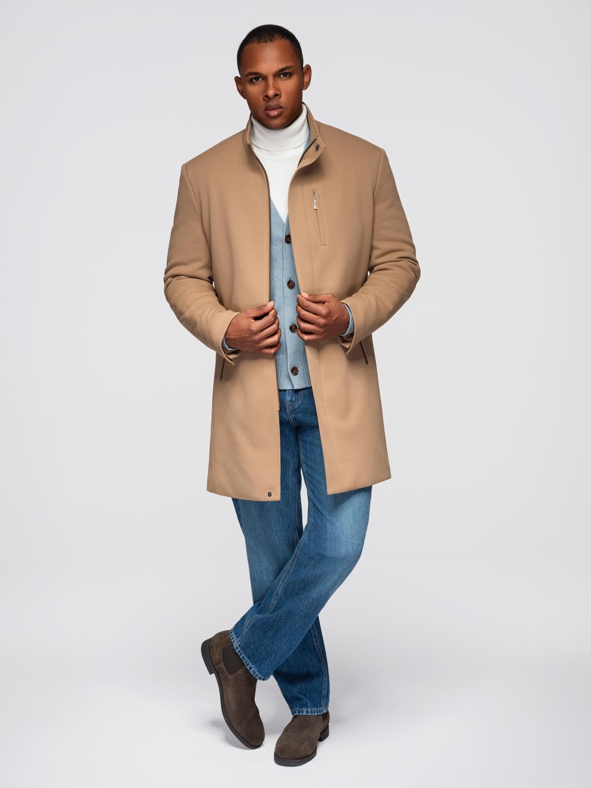 Ombre Structured fitted coat for men with high collar - light brown