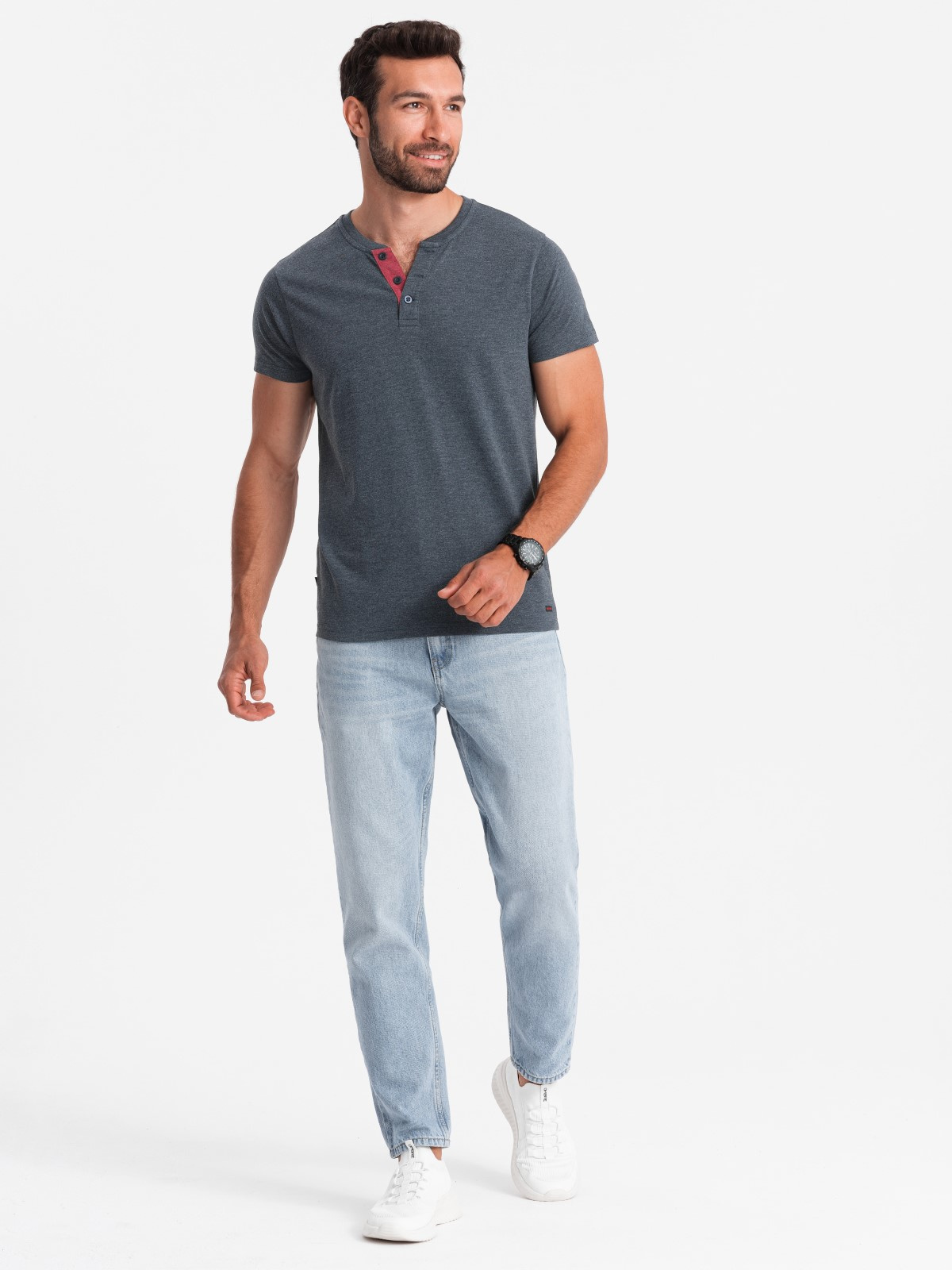 Ombre Men's T-shirt with unbuttoned round henley neckline - navy blue