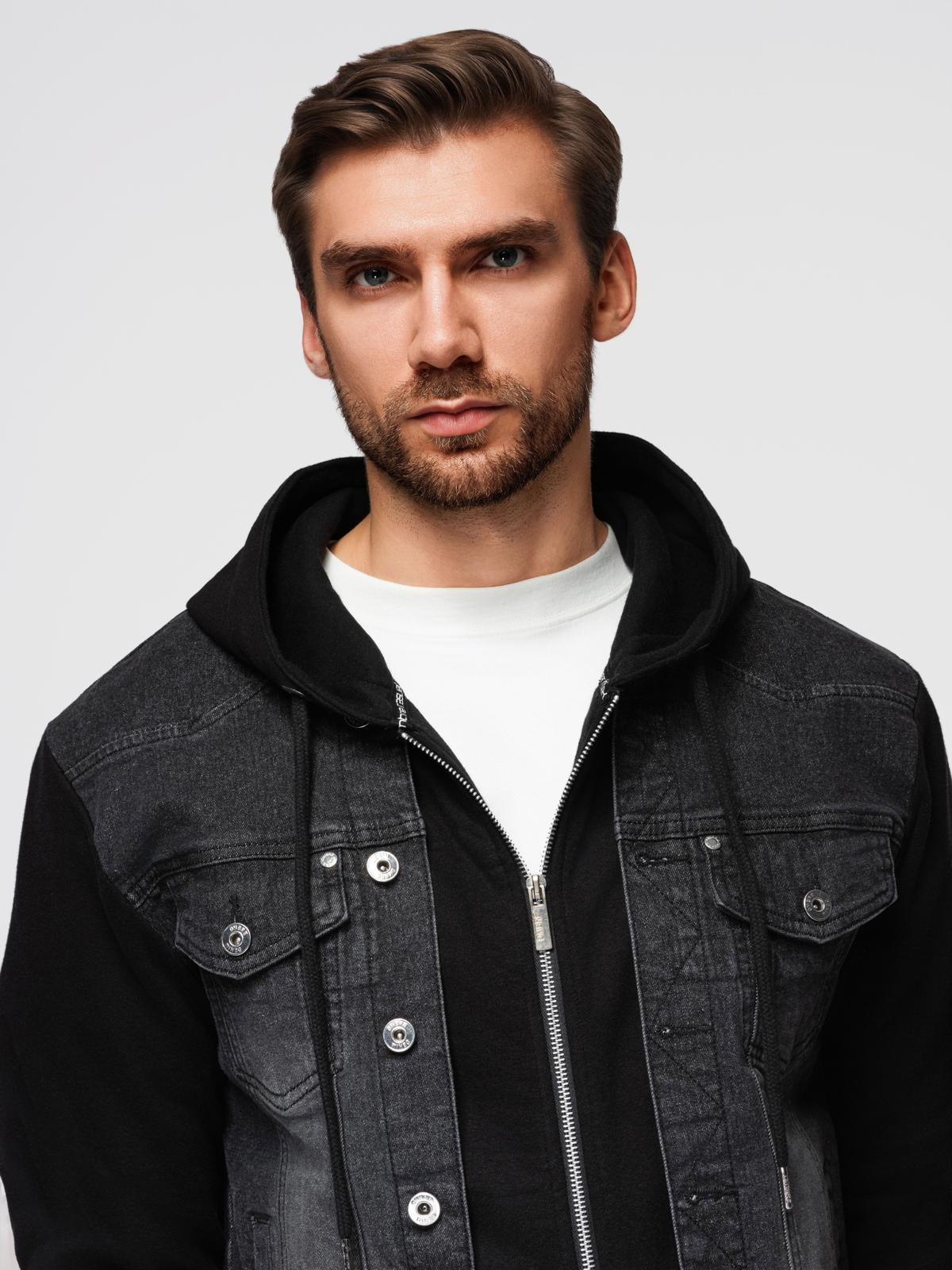 Ombre Men&#039;s denim jacket with knitted sleeves and hood - black