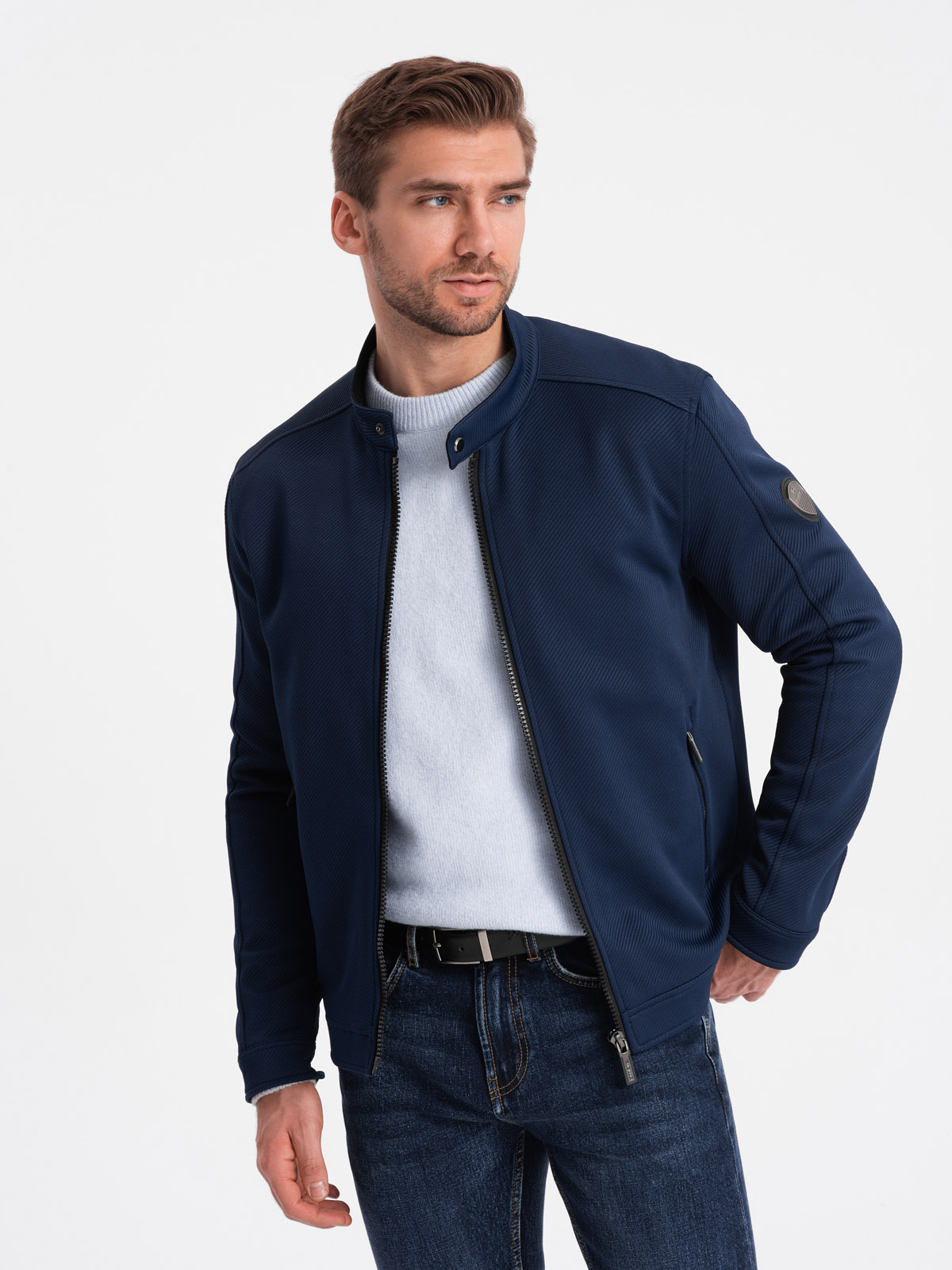 Levně Ombre Men's BIKER jacket in structured fabric - navy blue