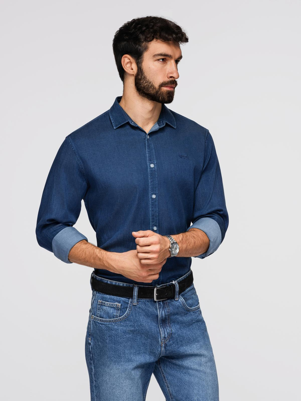 Ombre Men's denim shirt with lyocell and embroidery on chest - dark blue