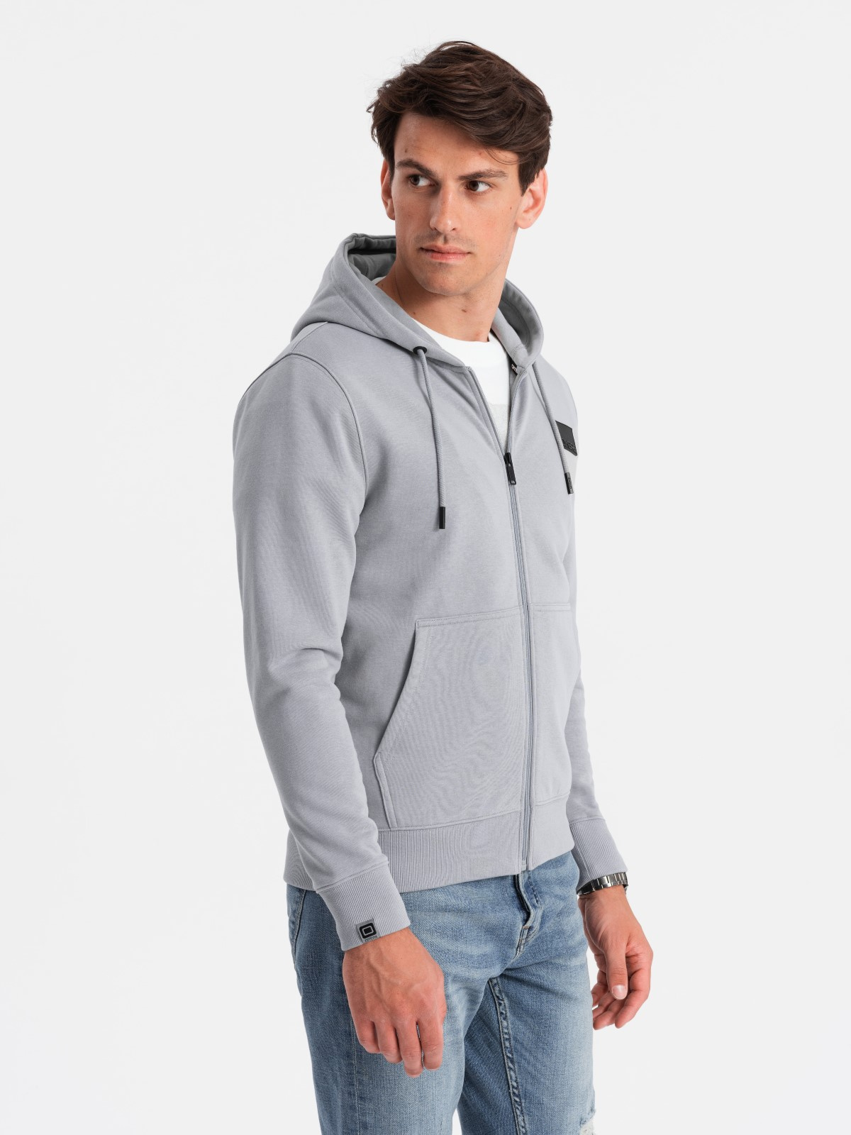 Ombre Men's unbuttoned sweatshirt with hood and patch - grey