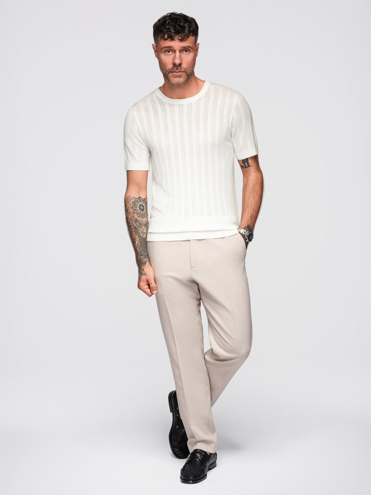 Ombre Men's openwork sweater with round neckline and short sleeves - white