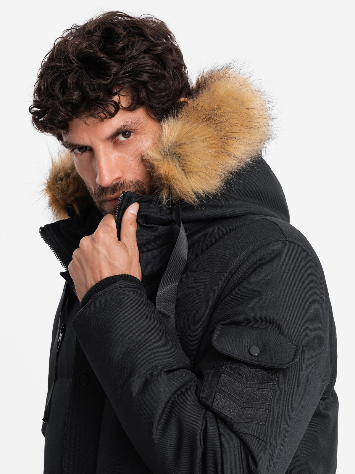 Ombre Men's long warm parka jacket with hood - black