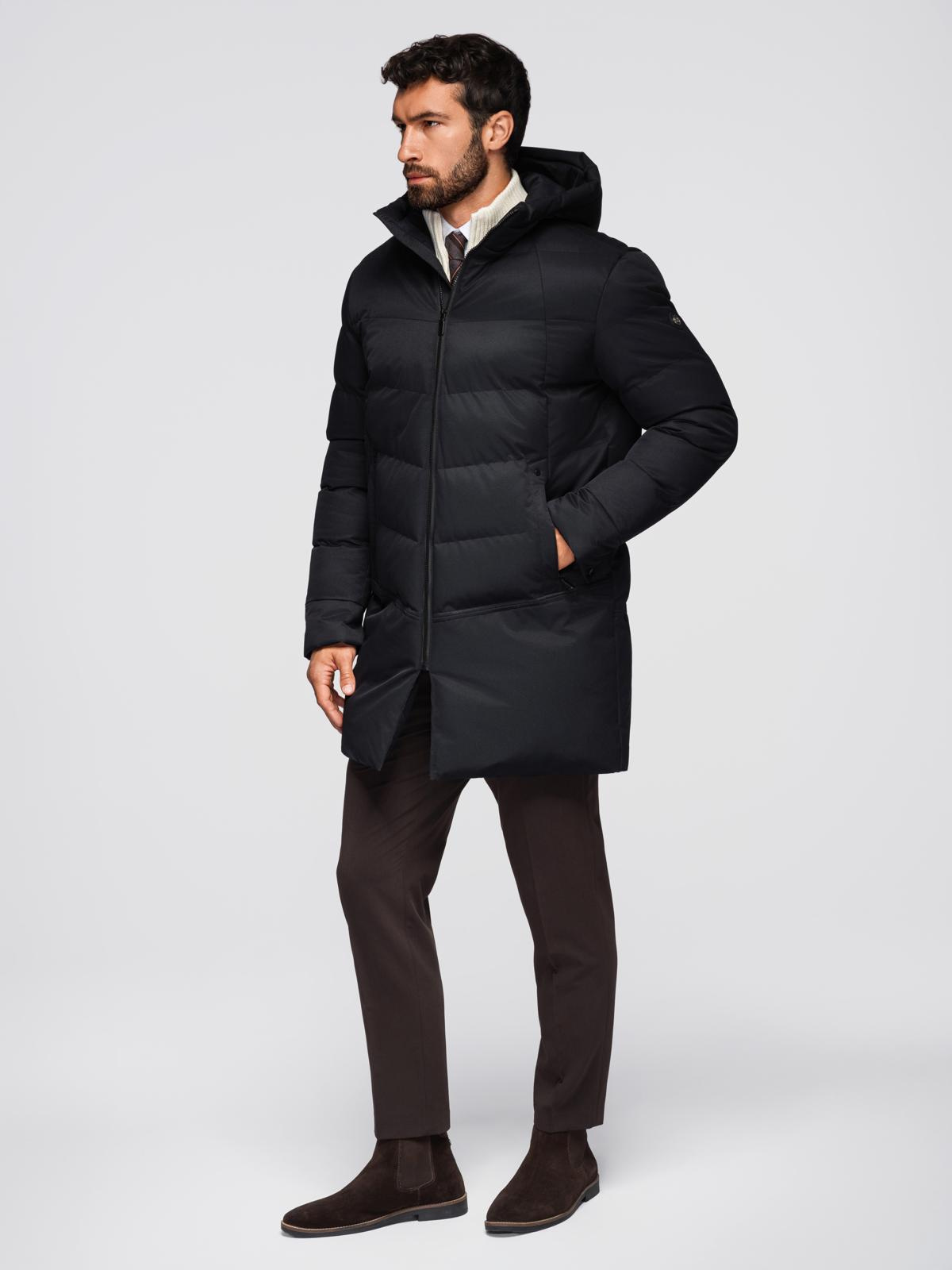 Ombre Men&#039;s long quilted jacket with hood - black