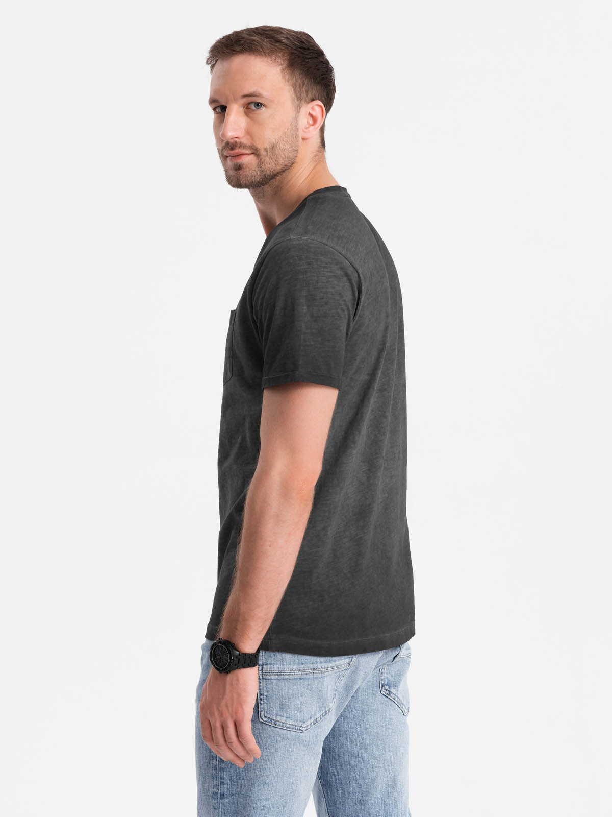 Ombre Men's brindle V-neck t-shirt with pocket - black