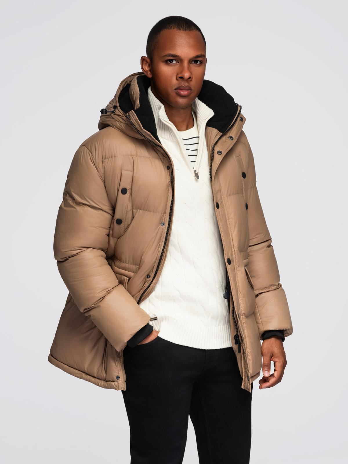 Ombre Men&#039;s long puffer jacket with snap pockets - brown