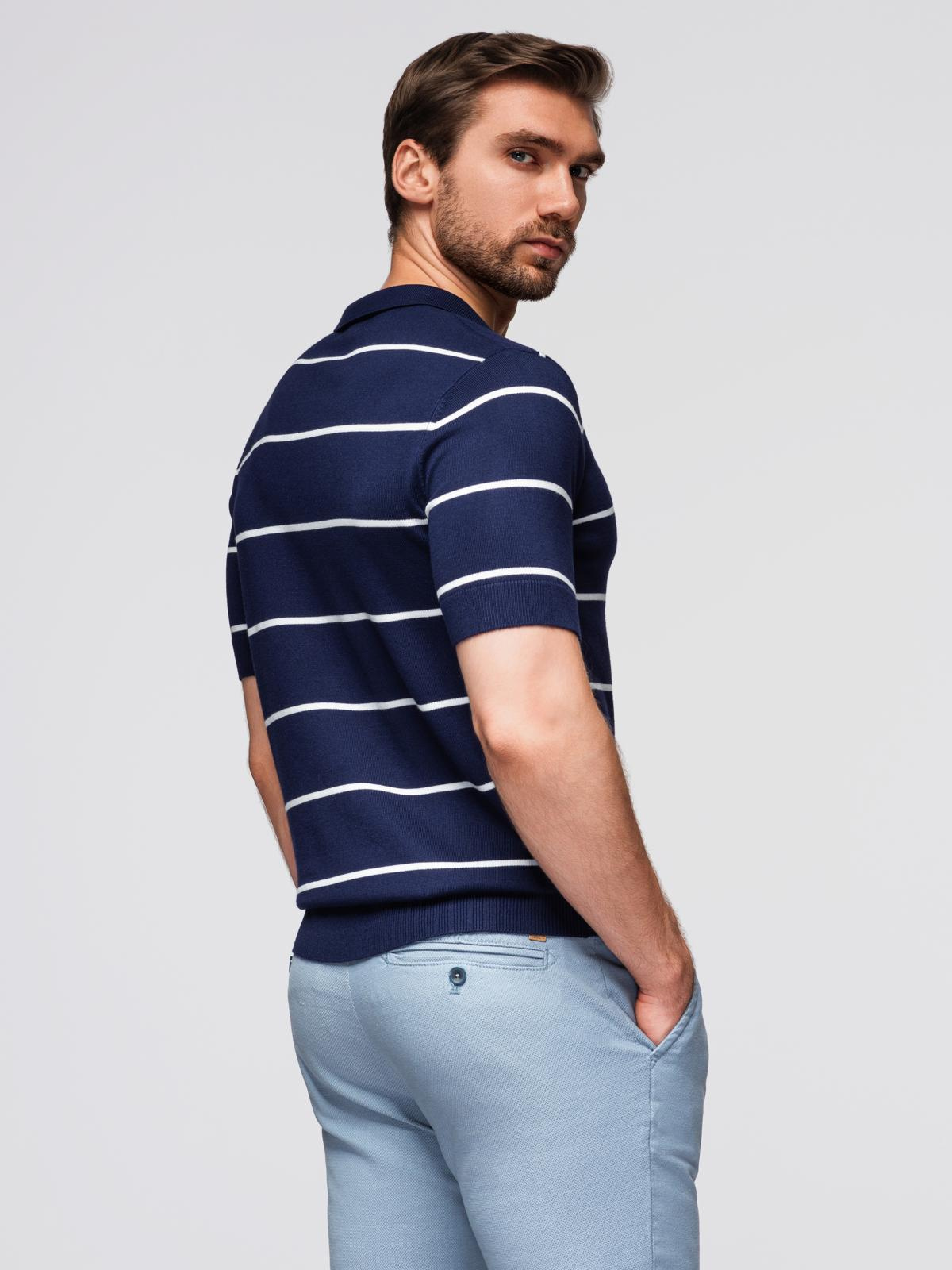 Ombre Men's horizontal striped polo shirt with viscose - navy blue and white