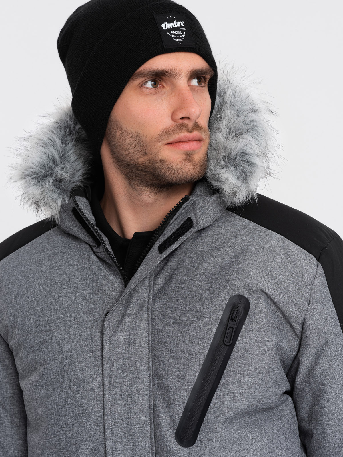 Ombre Men's winter jacket with adjustable hood with detachable fur - grey and black