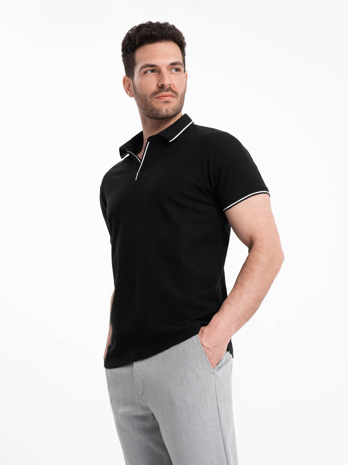 Ombre Men's Pique Knit Polo Shirt Without Buttons - Black