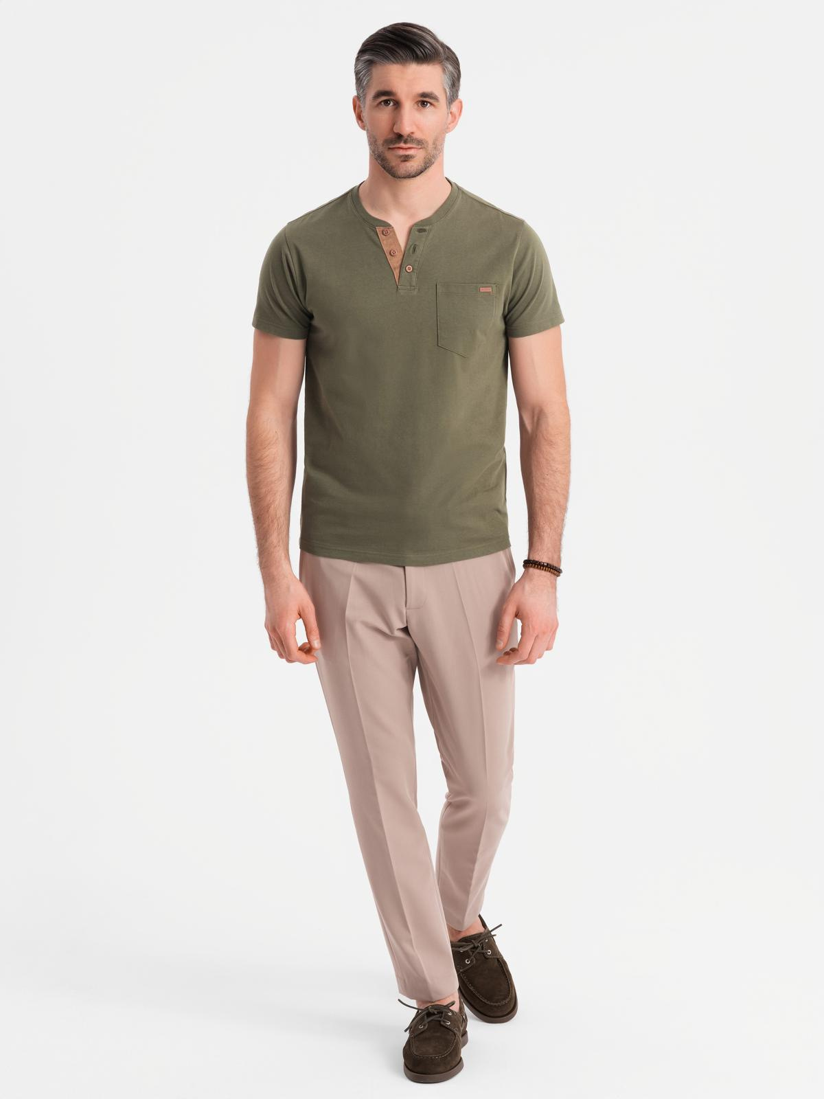 Ombre Men's T-shirt with button neckline and suede trim - dark olive