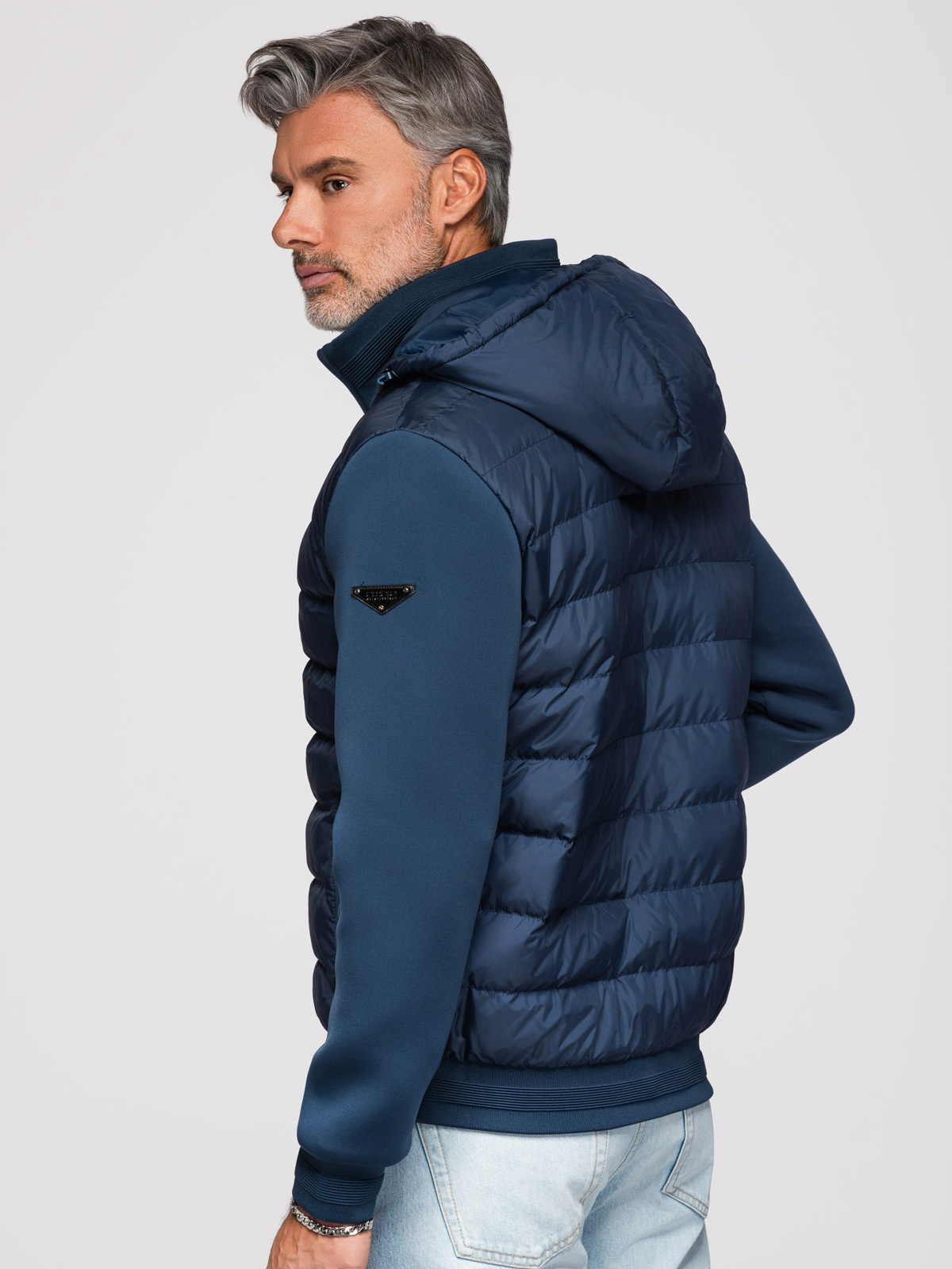 Ombre Quilted bomber jacket with hood and knitted sleeves - navy blue