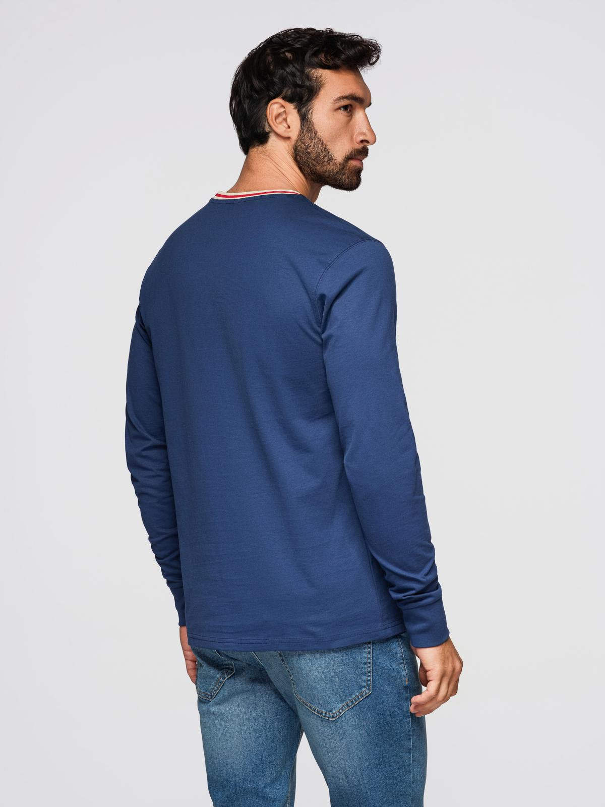 Ombre Men's cotton longsleeve with striped U neckline and embroidery - dark blue