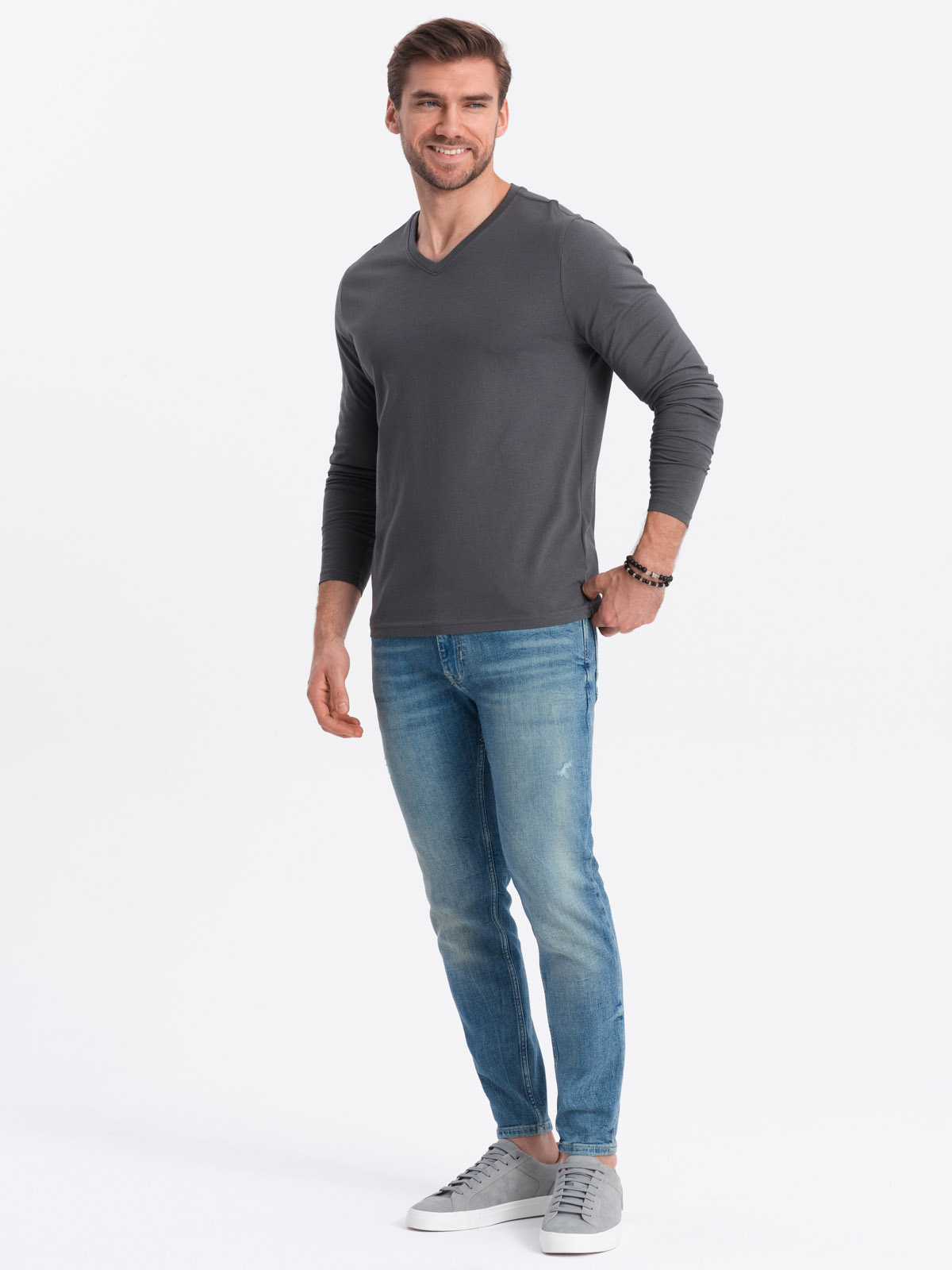 Ombre Men's unprinted longsleeve with a v-neck - graphite