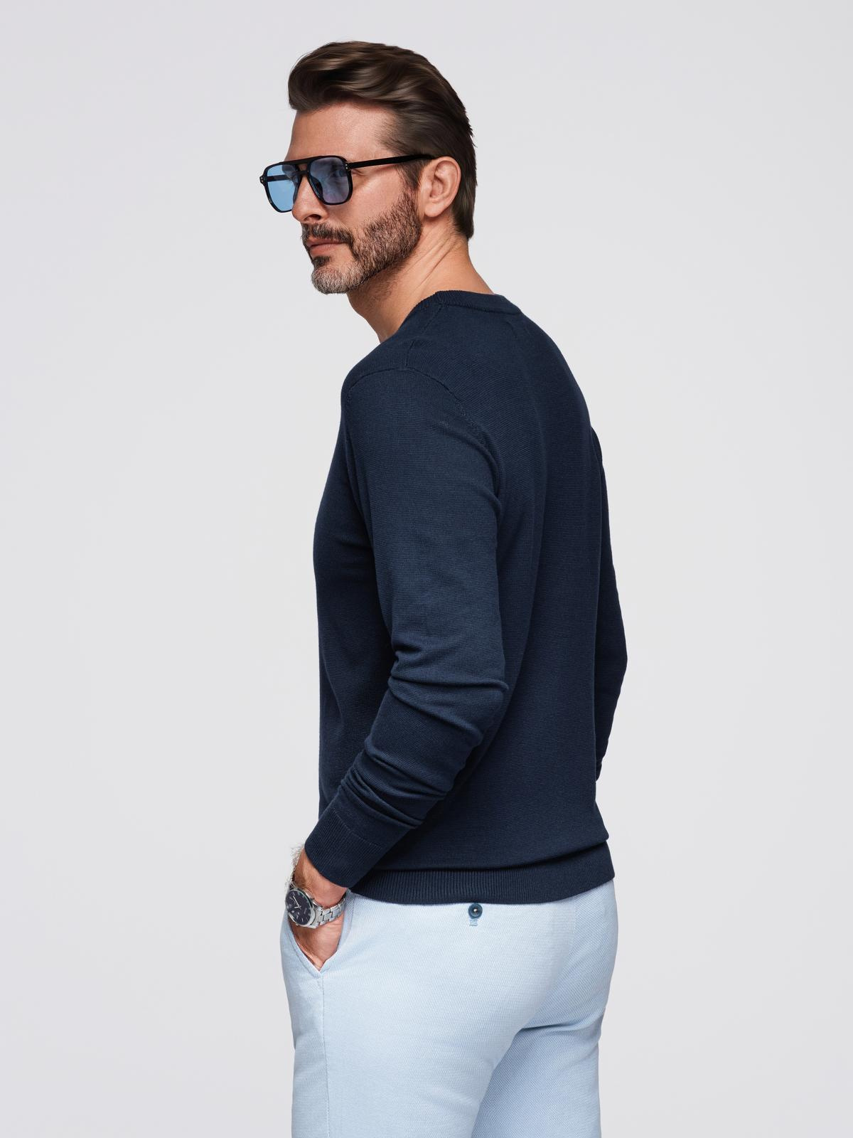 Ombre Men&#039;s sweater with round neckline in stretch knit with classic weave - navy blue