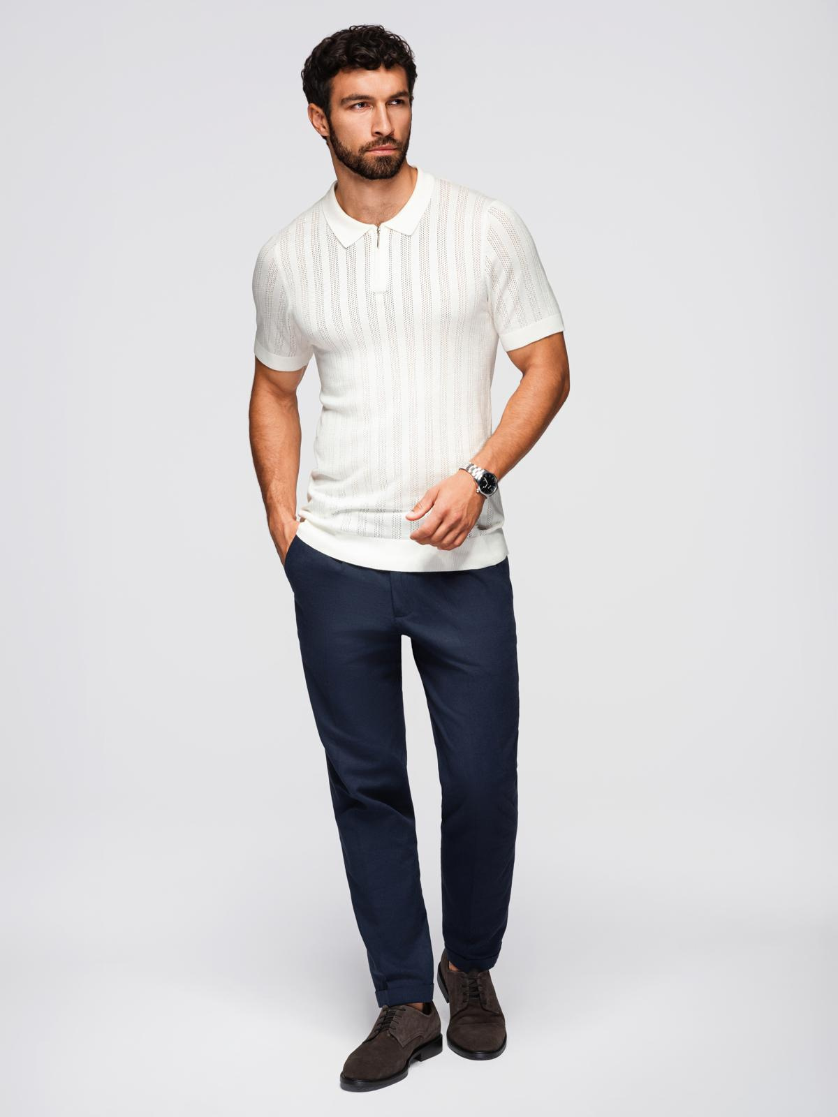 Ombre Men's openwork polo shirt with zipper at neckline - white