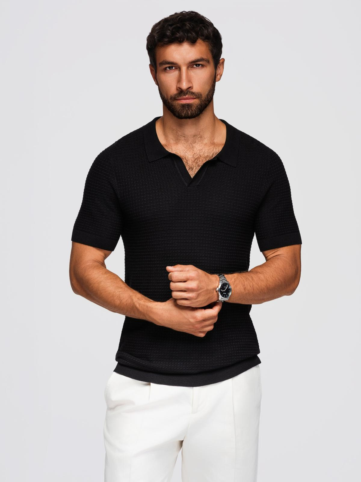 Ombre Men's knitted unbuttoned polo shirt - black