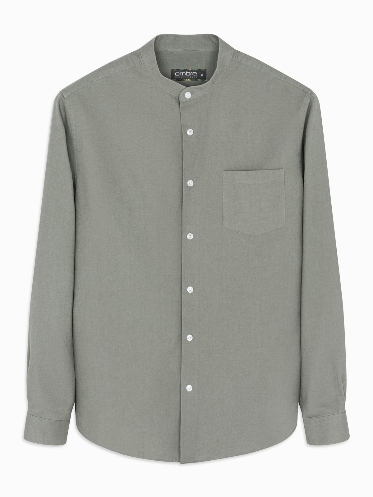 Ombre Men's linen shirt with stand-up collar and pocket REGULAR FIT - khaki