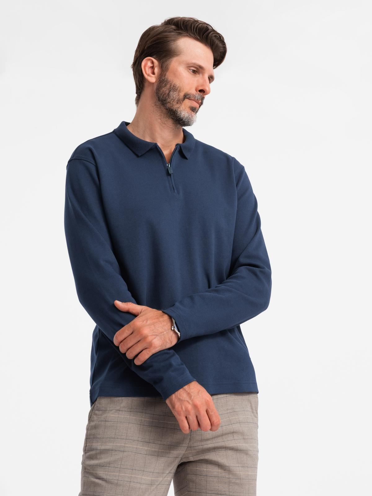 Ombre Men's polo longsleeve with zippered collar - navy blue