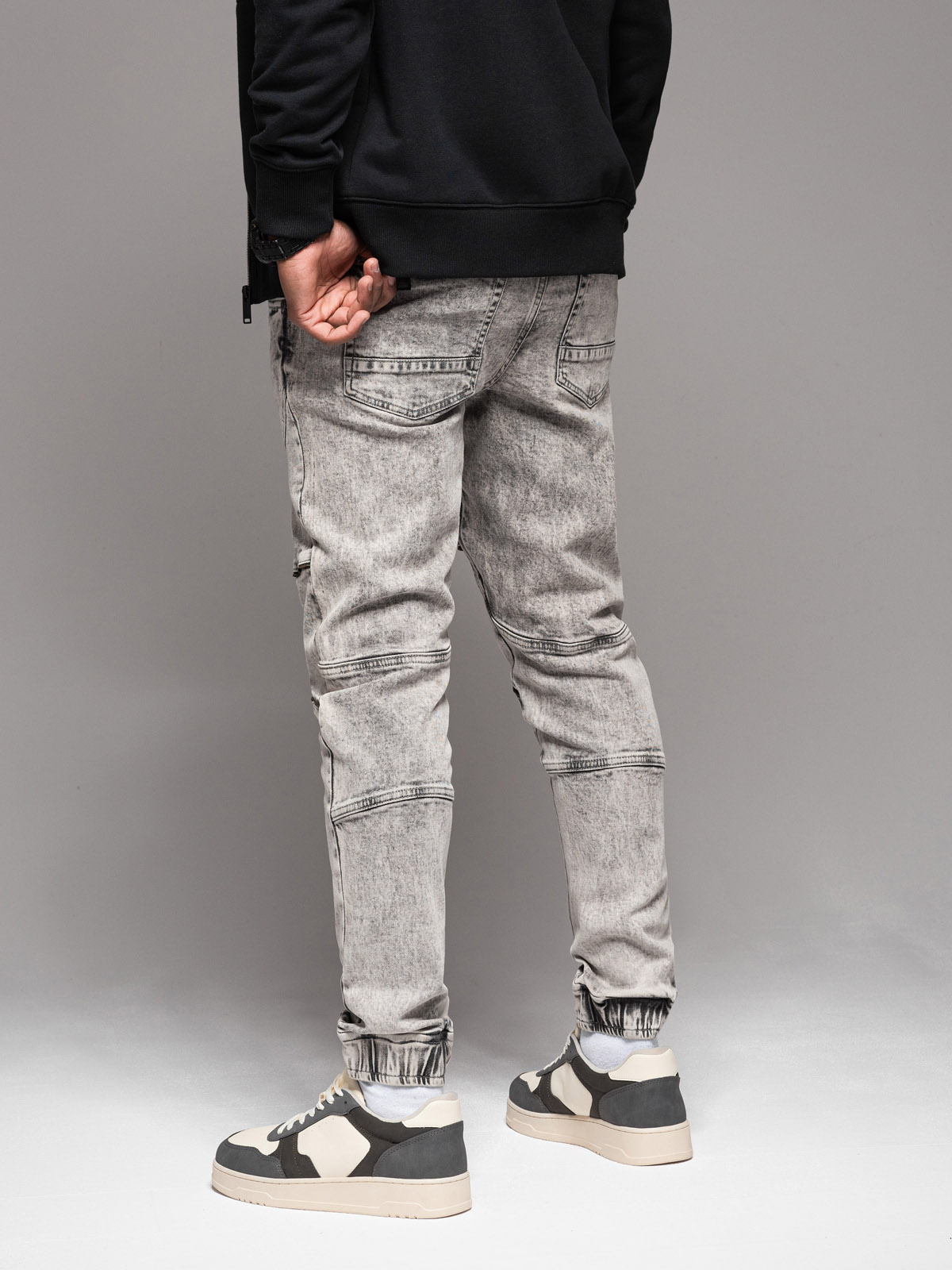 Ombre Men&#039;s denim jogger pants with rips and zippers - gray