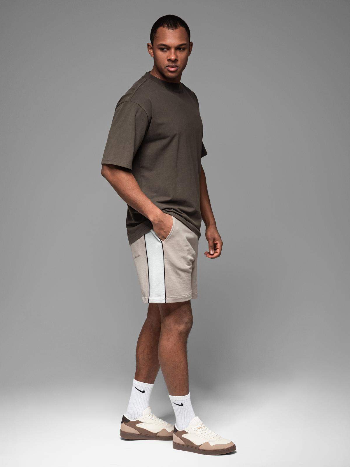 Ombre Men's short sweat shorts with wide stripes - beige