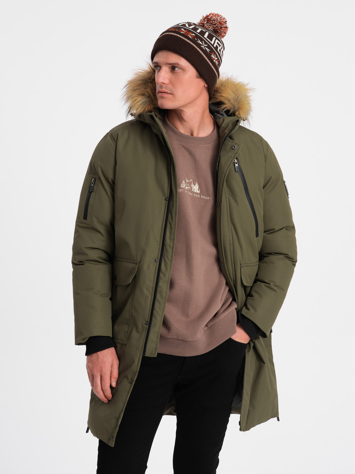 Levně Ombre Alaskan men's winter jacket with detachable fur from the hood - dark olive green