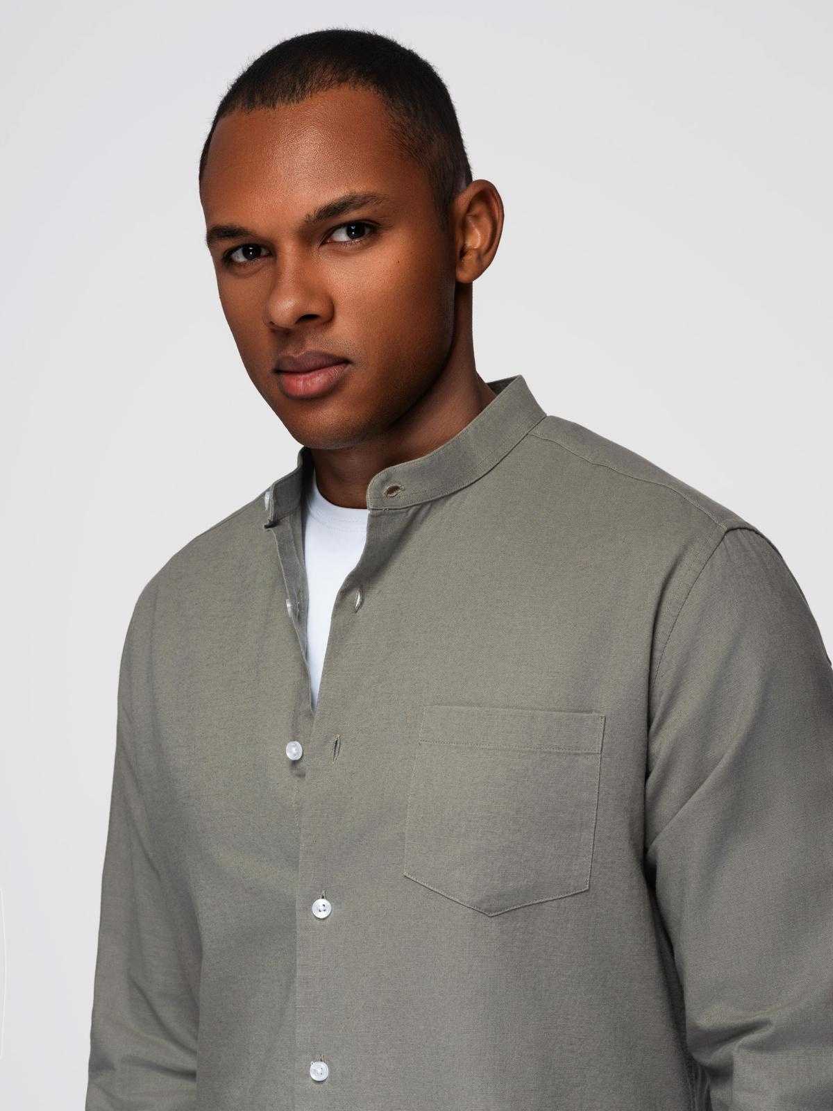 Ombre Men's linen shirt with stand-up collar and pocket REGULAR FIT - khaki