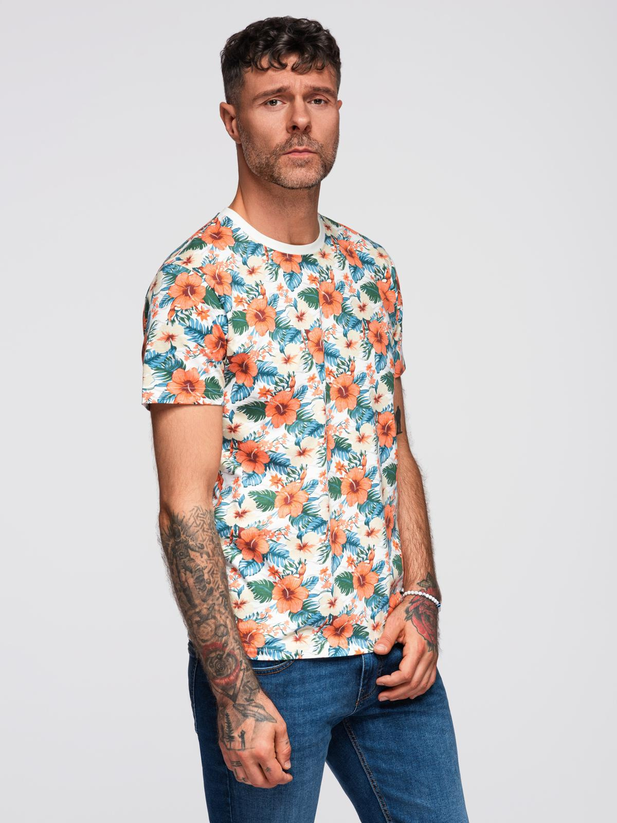 Ombre Men's cotton t-shirt with floral full print pattern - white