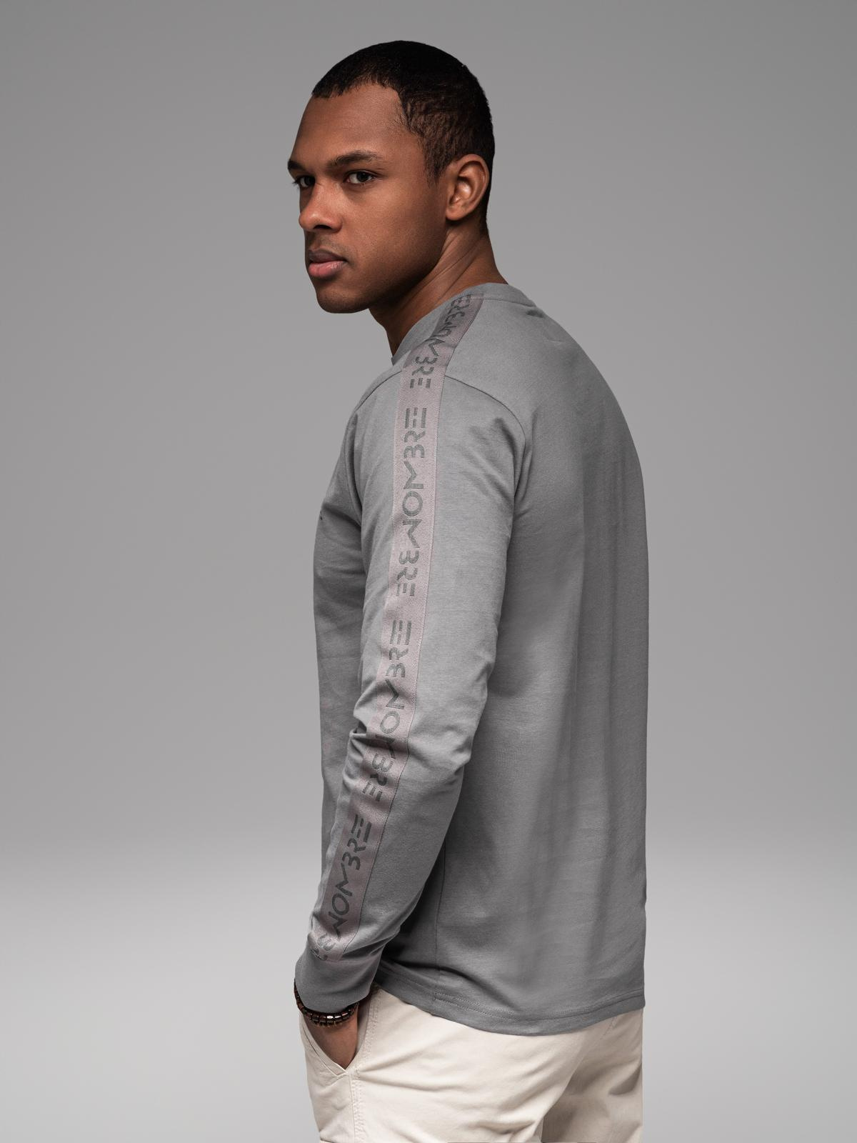 Ombre Men's cotton U-neck longsleeve with piping and chest print - grey