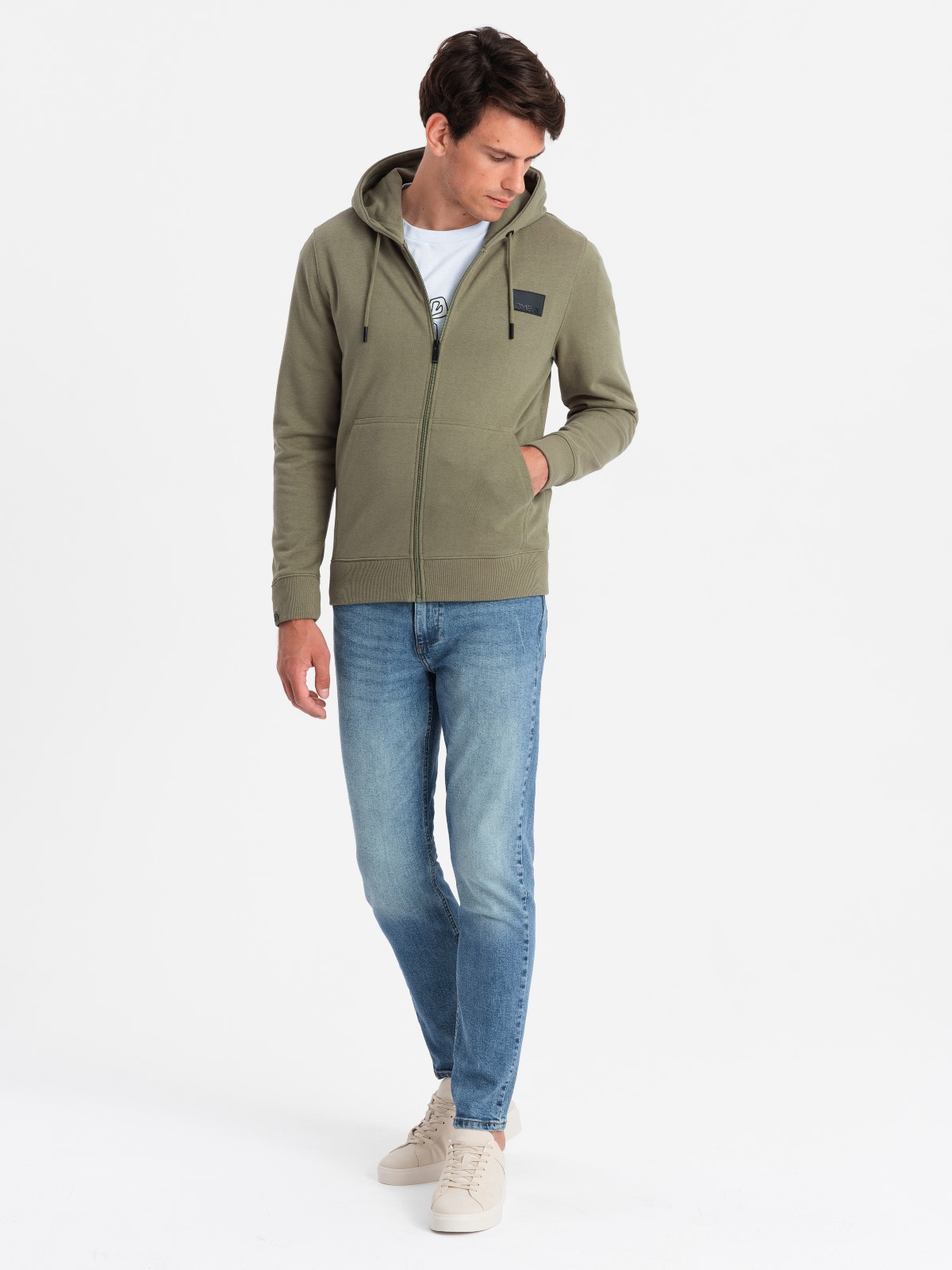 Ombre Unzipped men&#039;s sweatshirt with hood and patch - olive