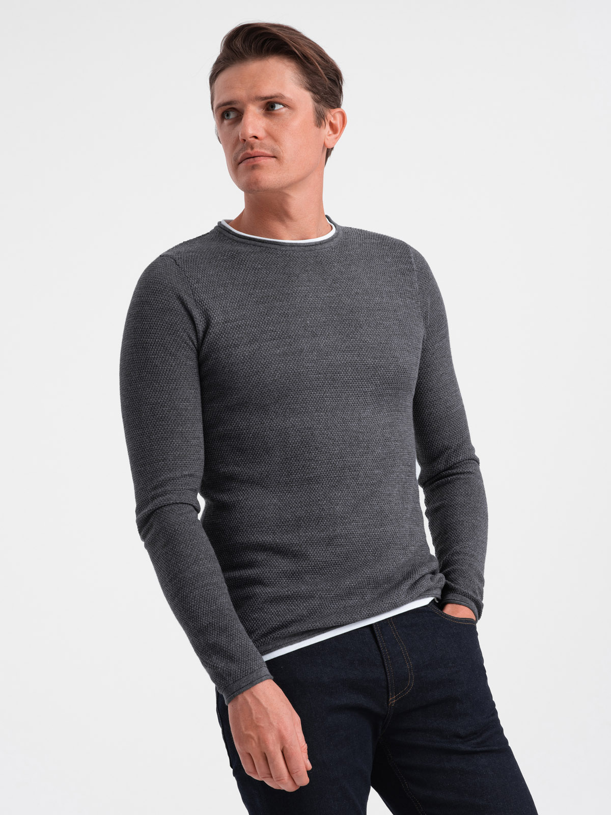 Levně Ombre Men's cotton sweater with round neckline - graphite melange