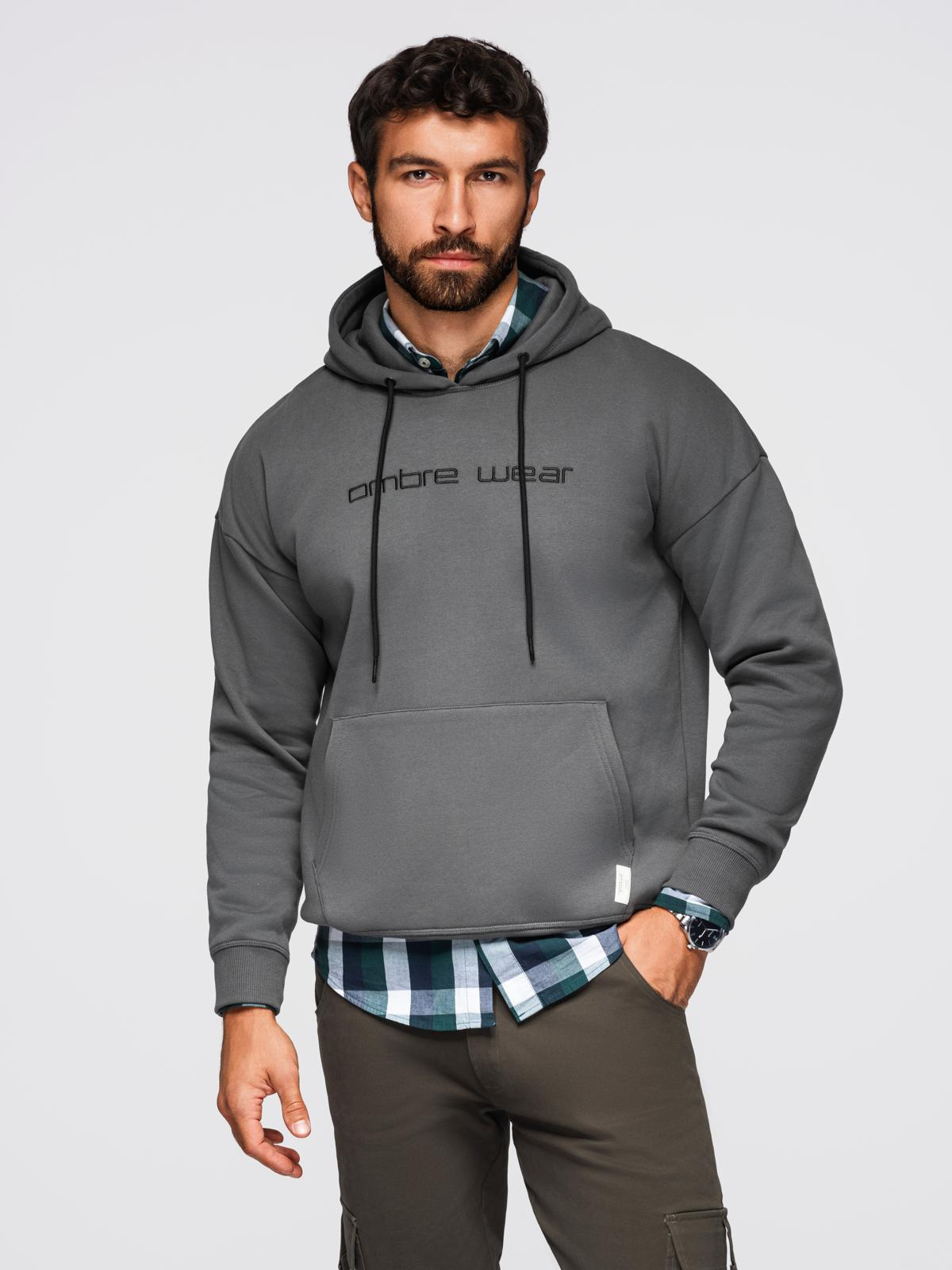 Ombre Men's kangaroo sweatshirt with embroidery and hood - graphite