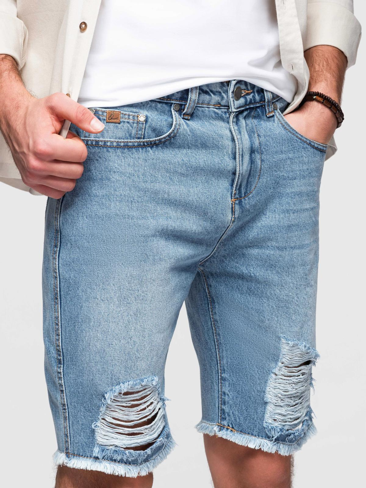 Ombre Men's short denim shorts with rips and holes - light blue