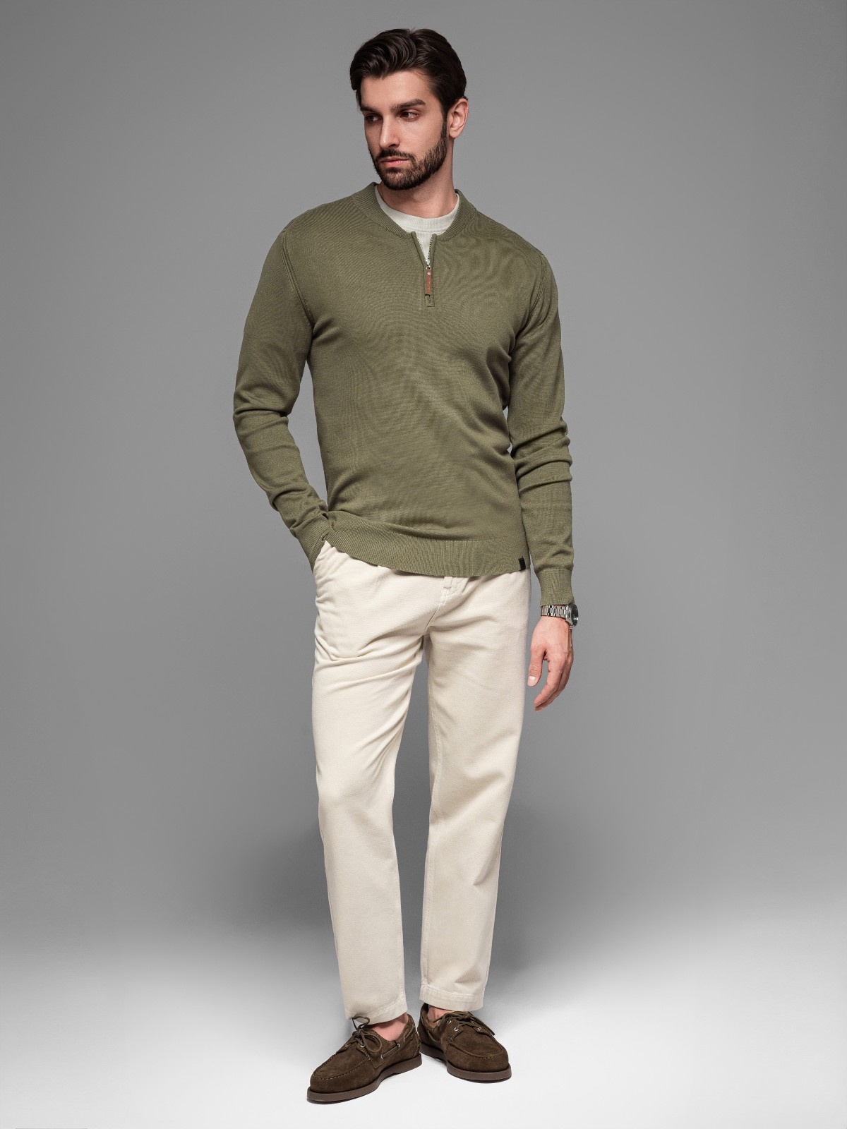 Ombre Men&#039;s sweater with viscose and spread neckline - olive