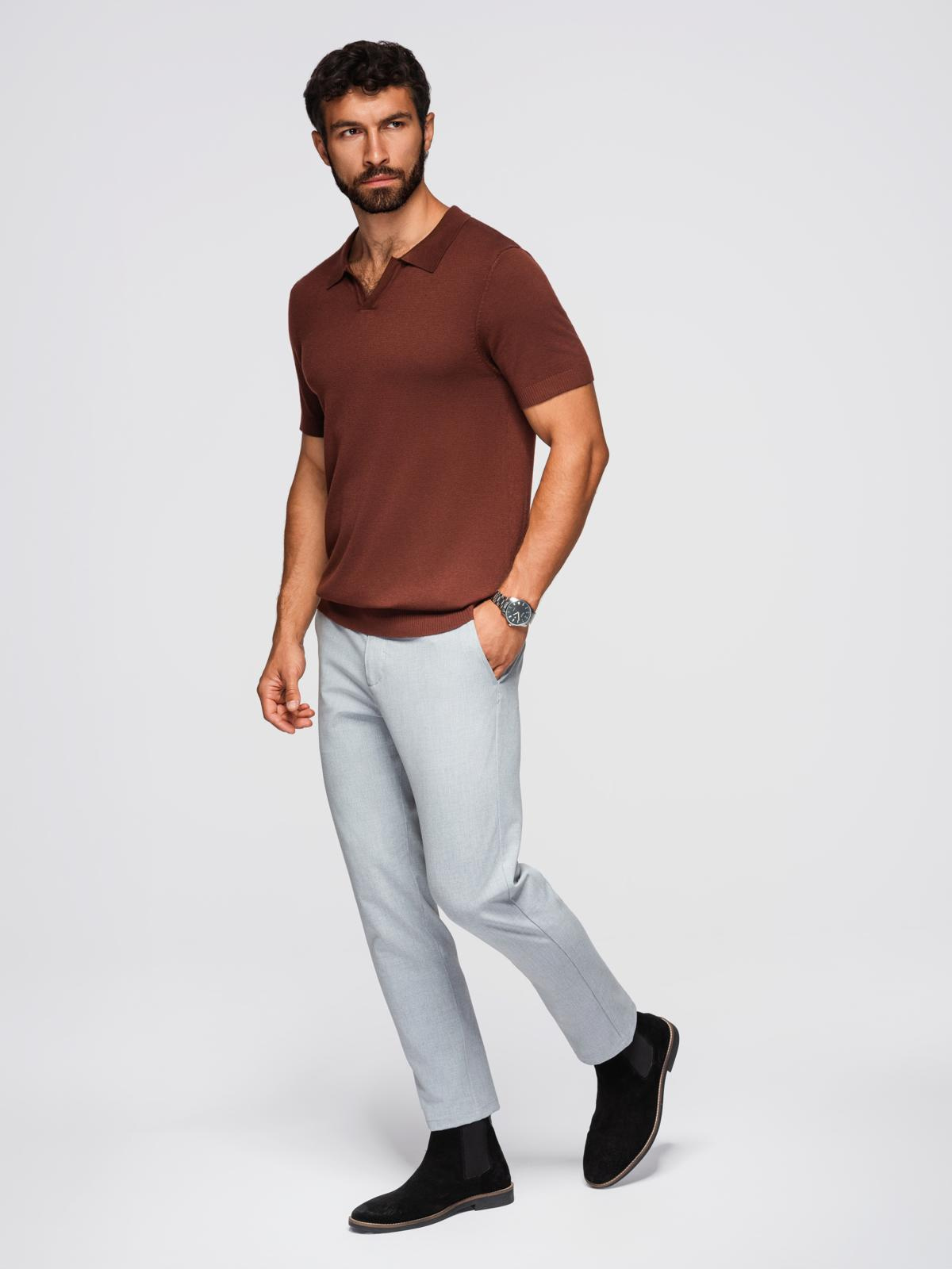 Ombre Men's buttonless polo shirt with classic weave - dark brown