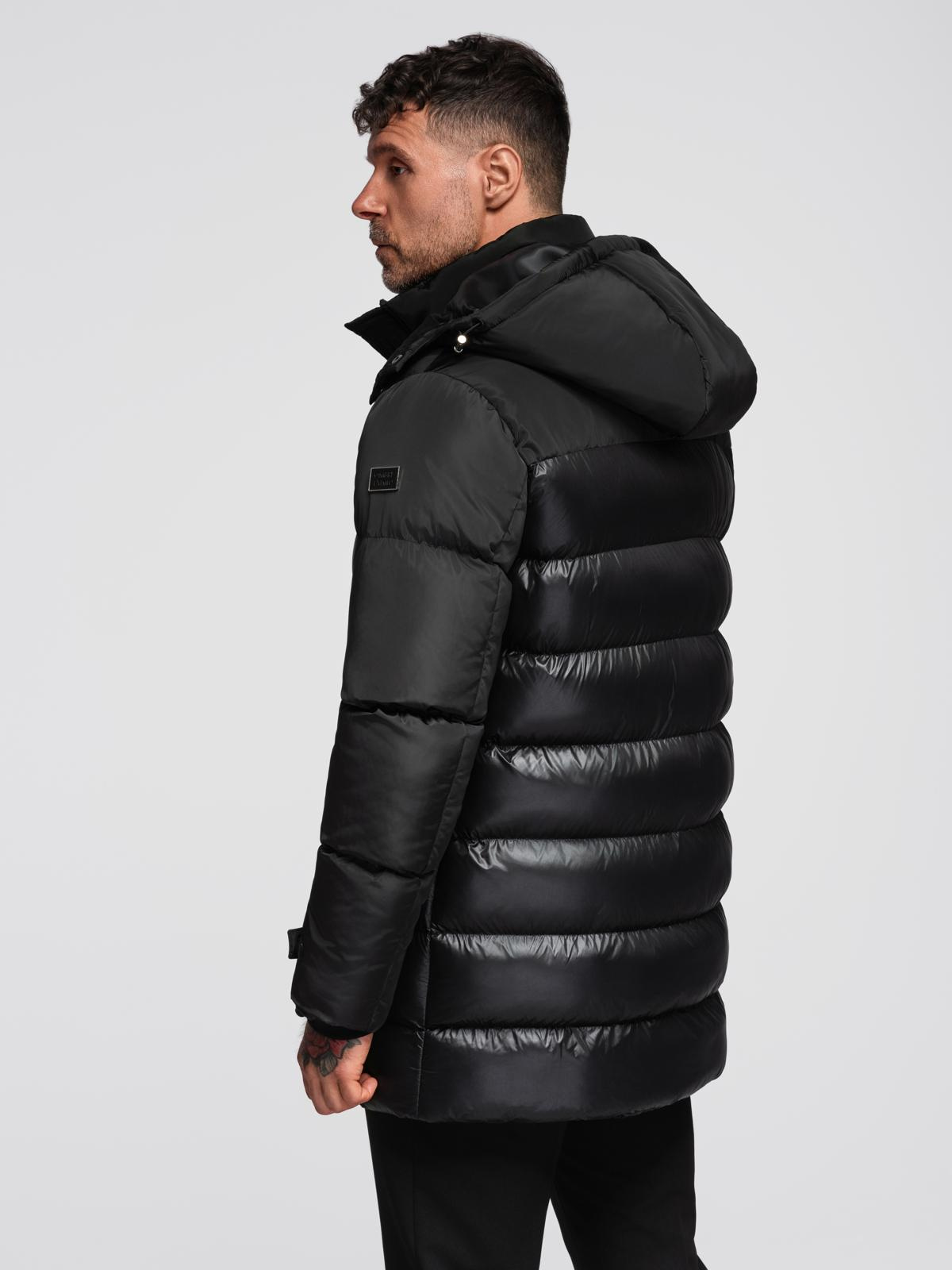 Ombre Men&#039;s quilted jacket with high collar and hood - black