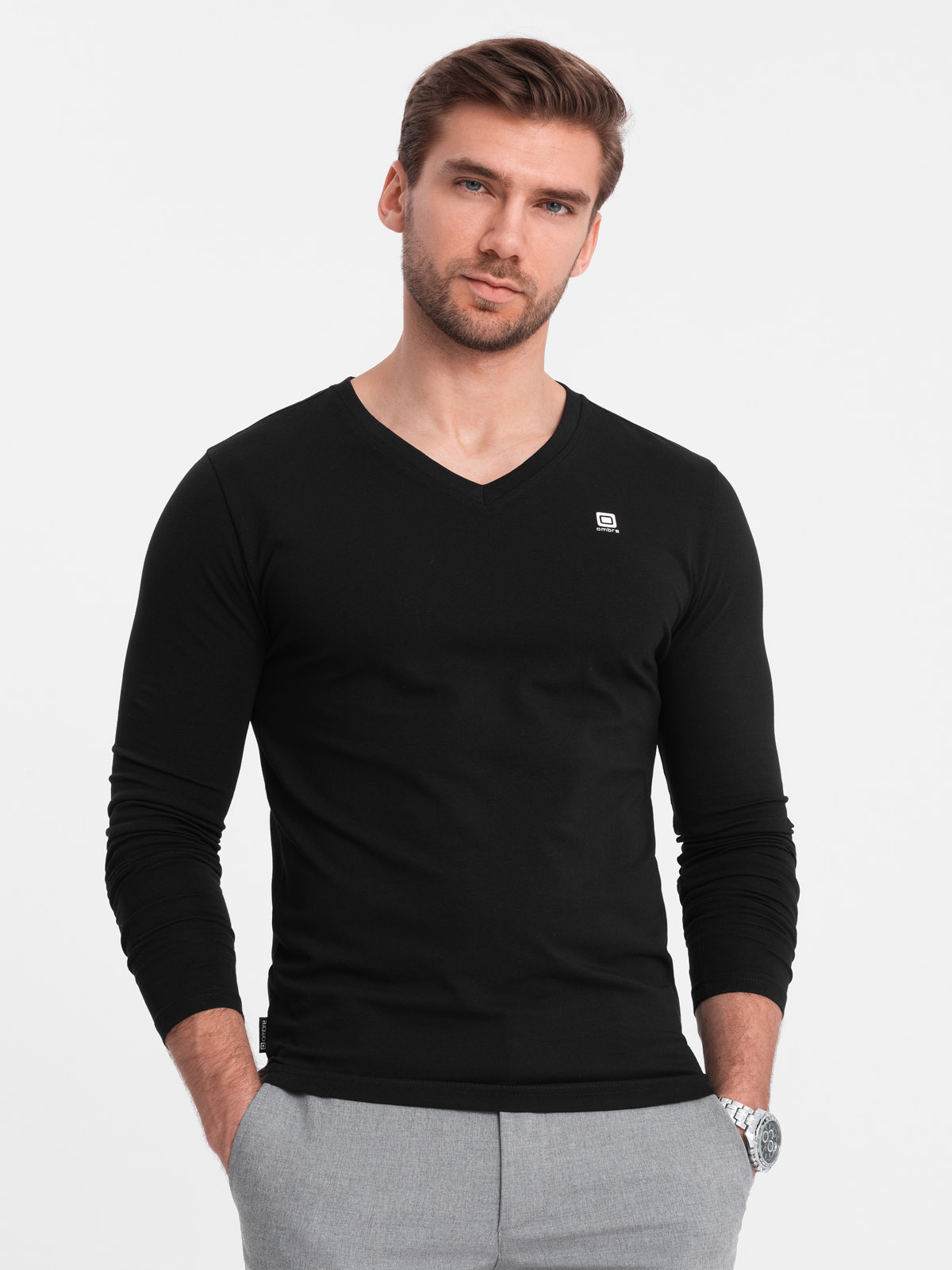 Ombre Set of 2x men's SLIM FIT longsleeve with V neckline and logo