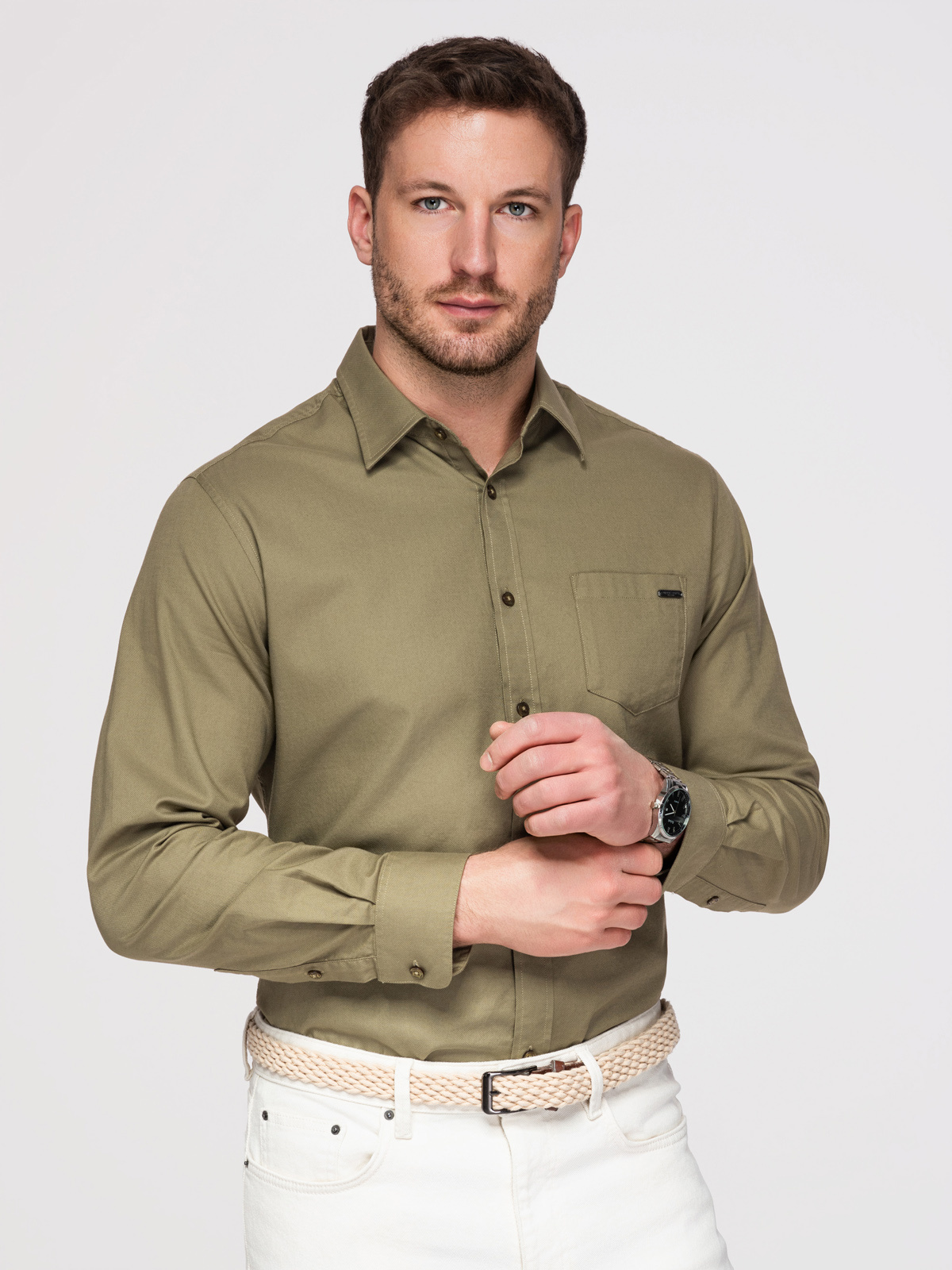 Ombre Men's cotton shirt with pocket REGULAR FIT - olive