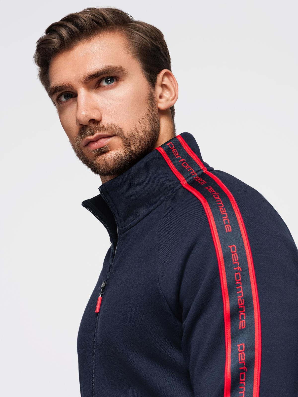 Ombre Men's unbuttoned sweatshirt with piping and high collar - navy blue