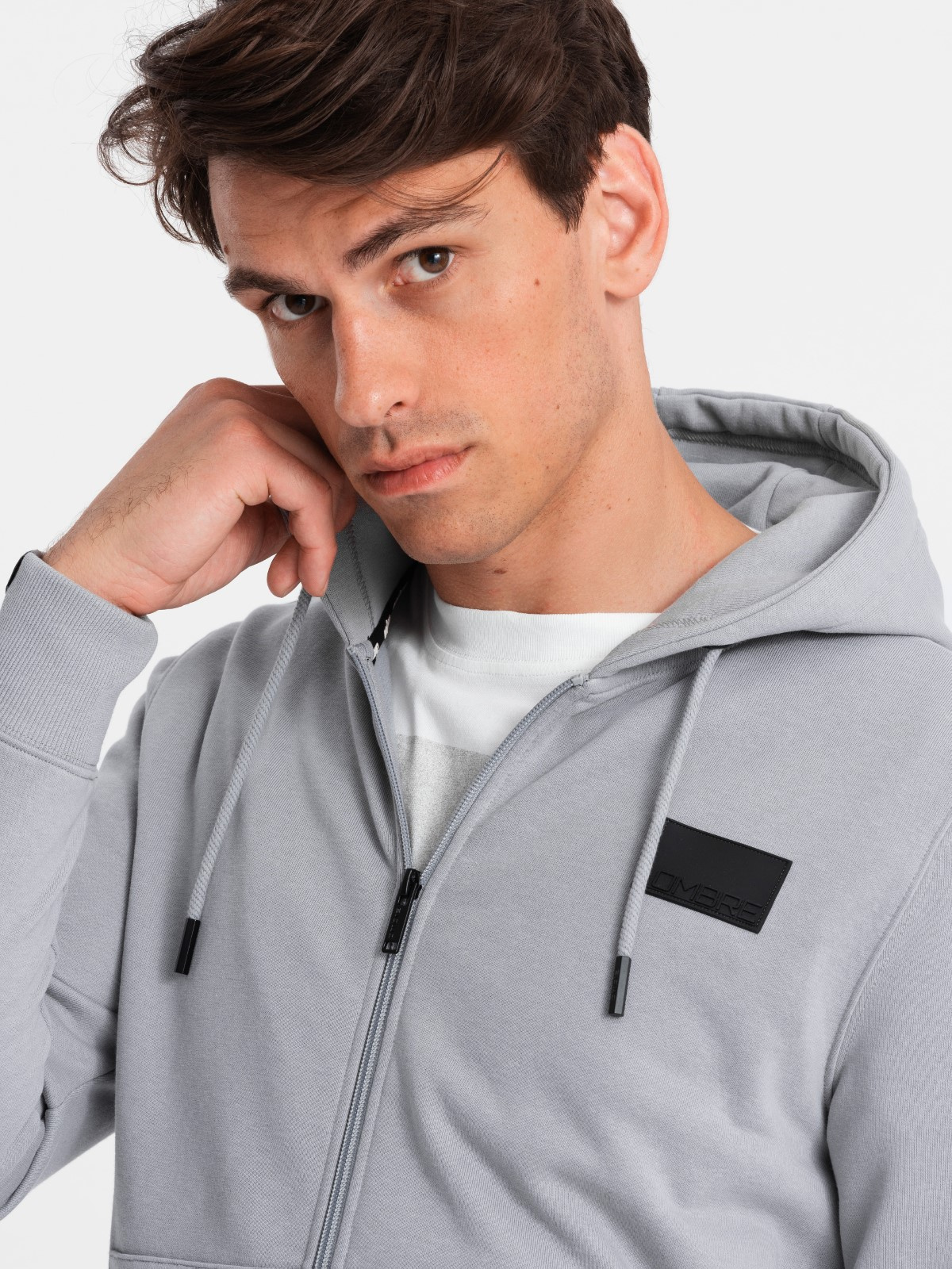 Ombre Men's unbuttoned sweatshirt with hood and patch - grey