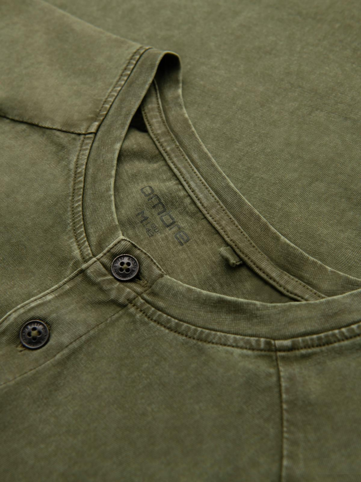 Ombre Men's t-shirt with wash effect and buttons at neckline - olive